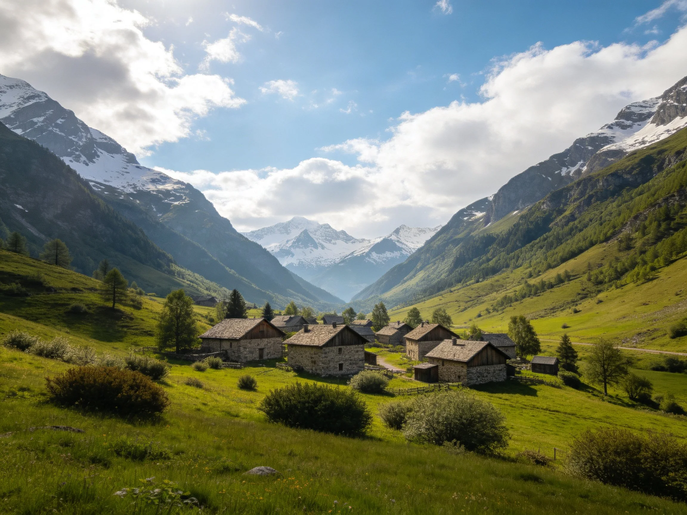 Stone cottages nestled in a lush mountain valley with snow-capped peaks