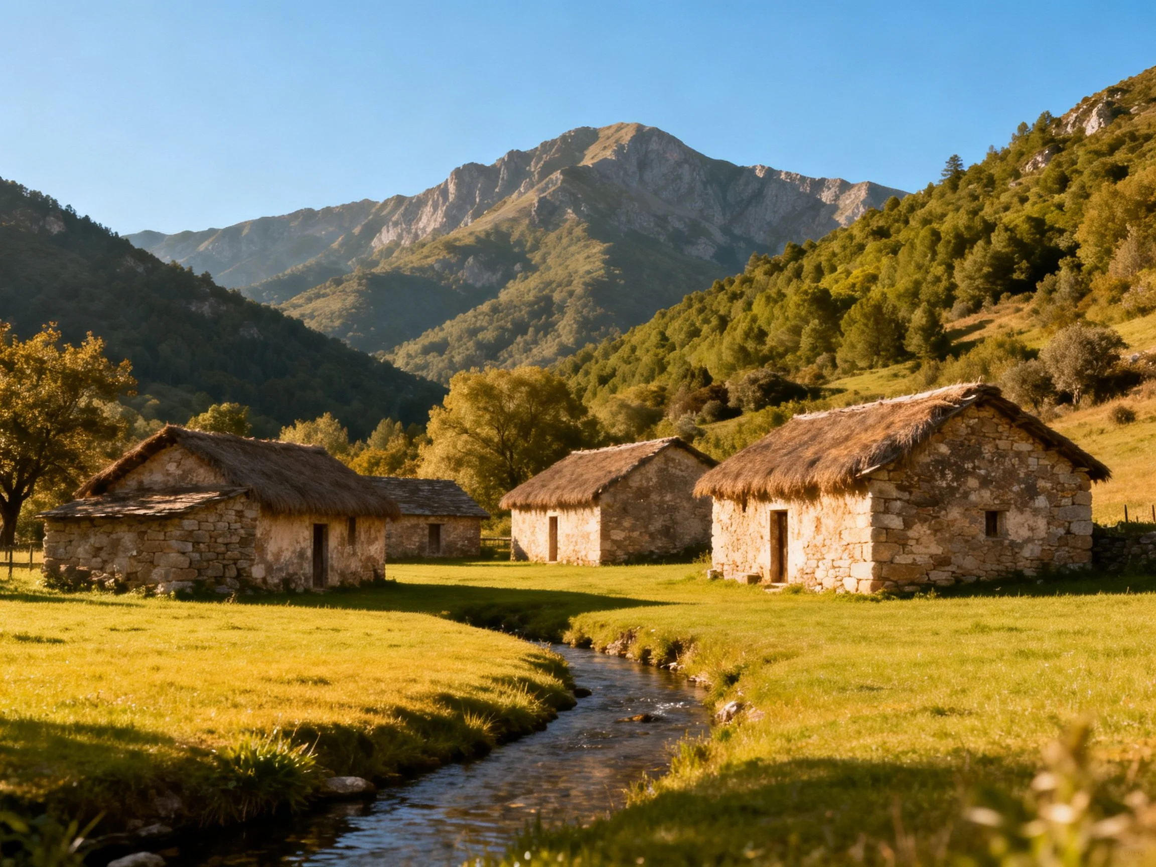 Stone cottages with thatched roofs near a mountain stream