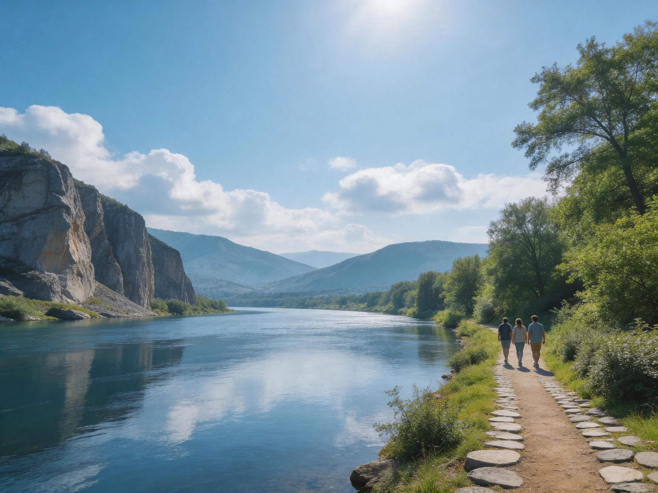 Stone-lined path along calm river with rocky cliffs and distant mountains