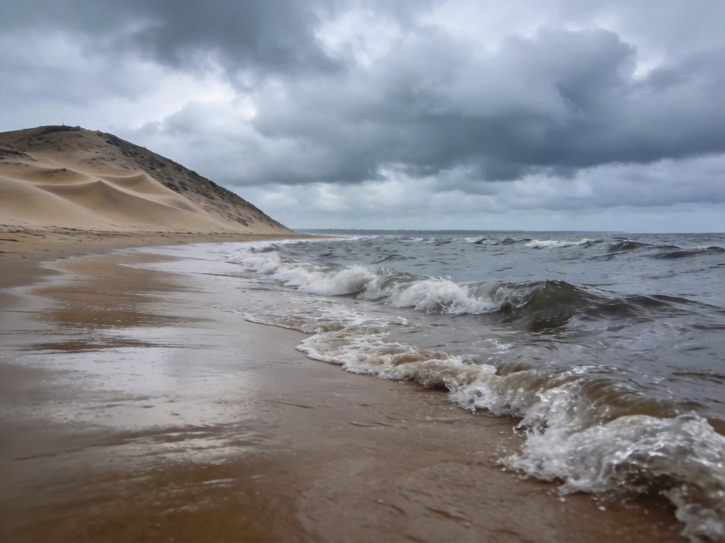 Stormy clouds loom over sand dunes and crashing ocean waves