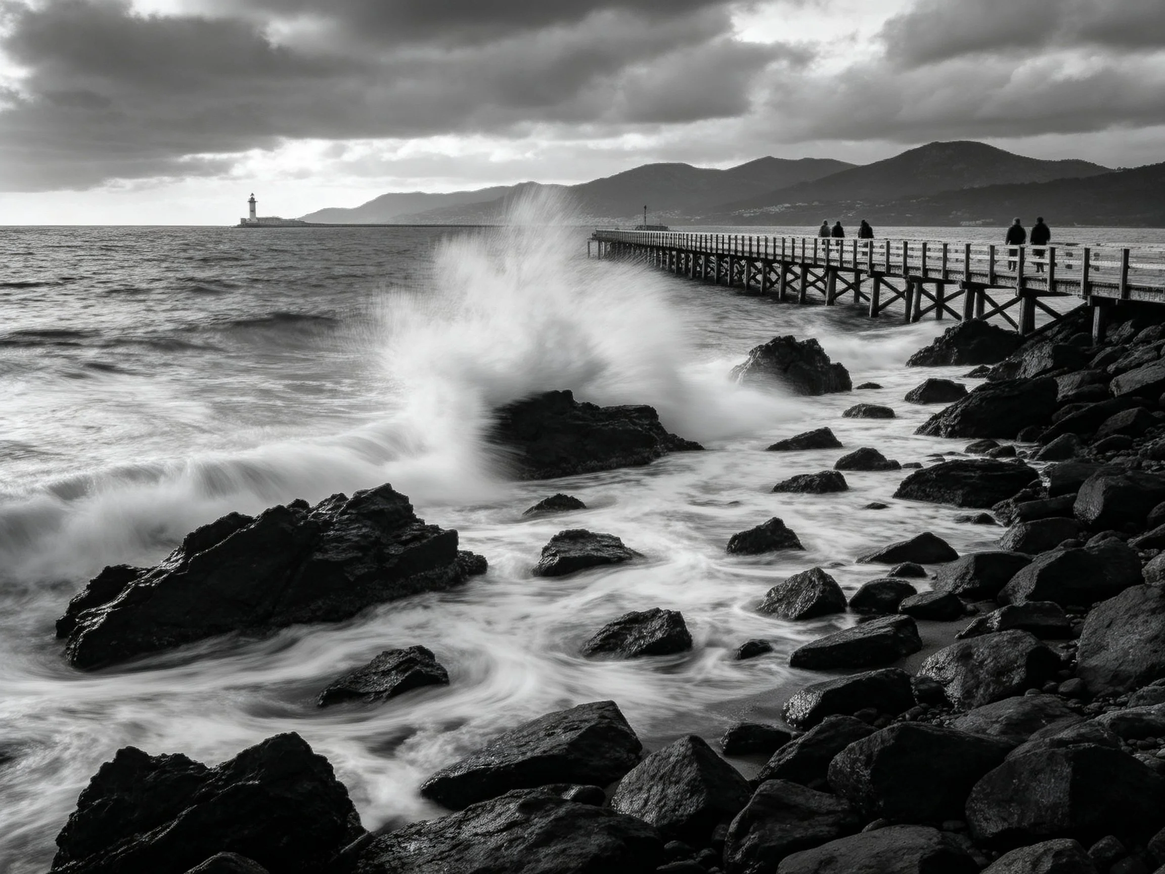 Stormy seas crash against rocky shore with wooden pier extension