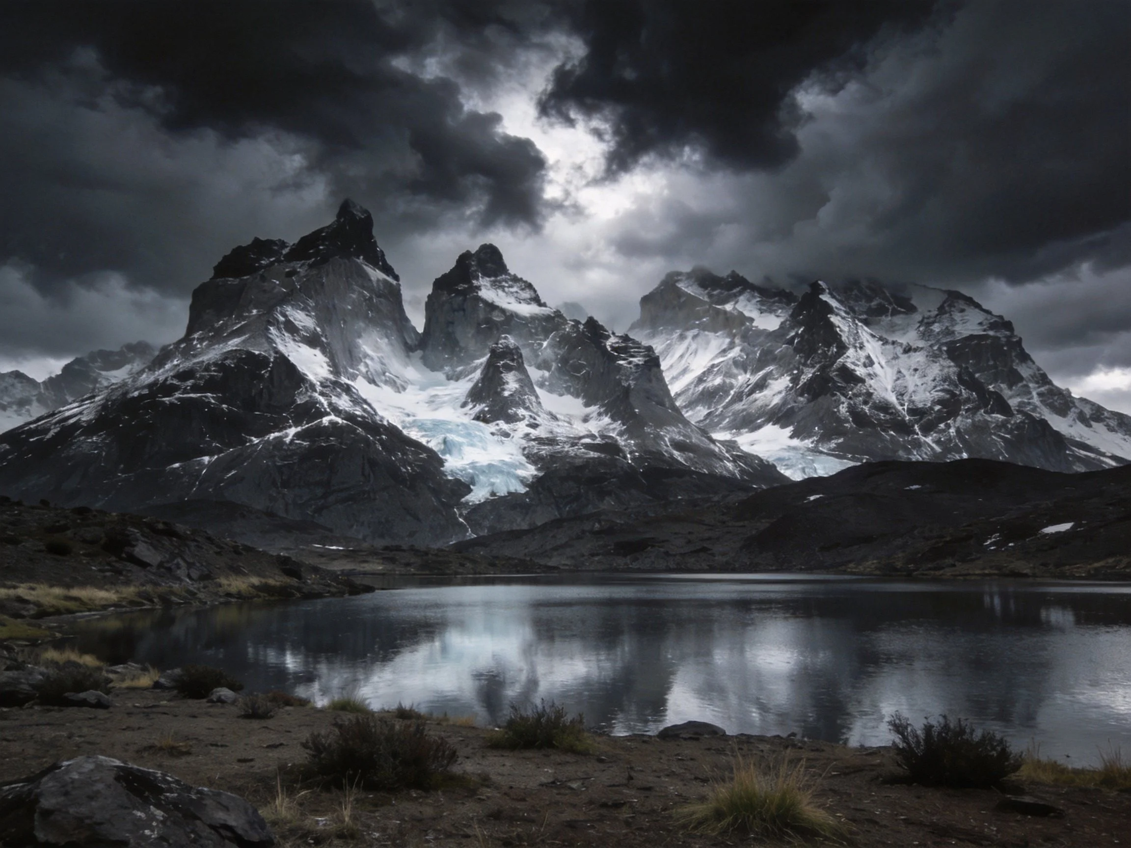 Stormy skies over snow-capped mountain peaks near reflective lake