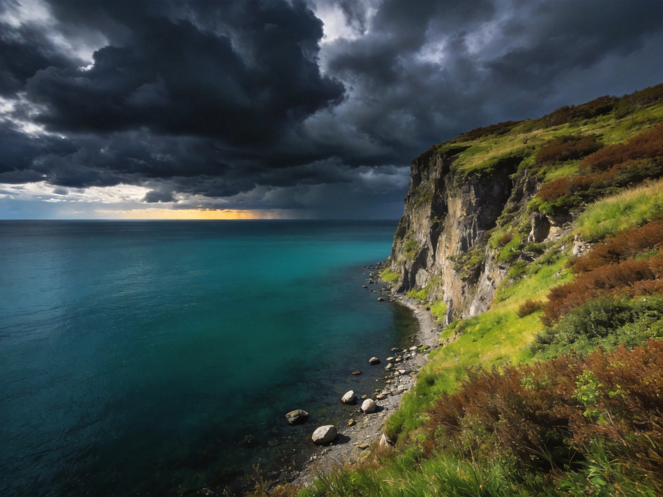 Stormy sky looms over turquoise sea beside rugged cliffs