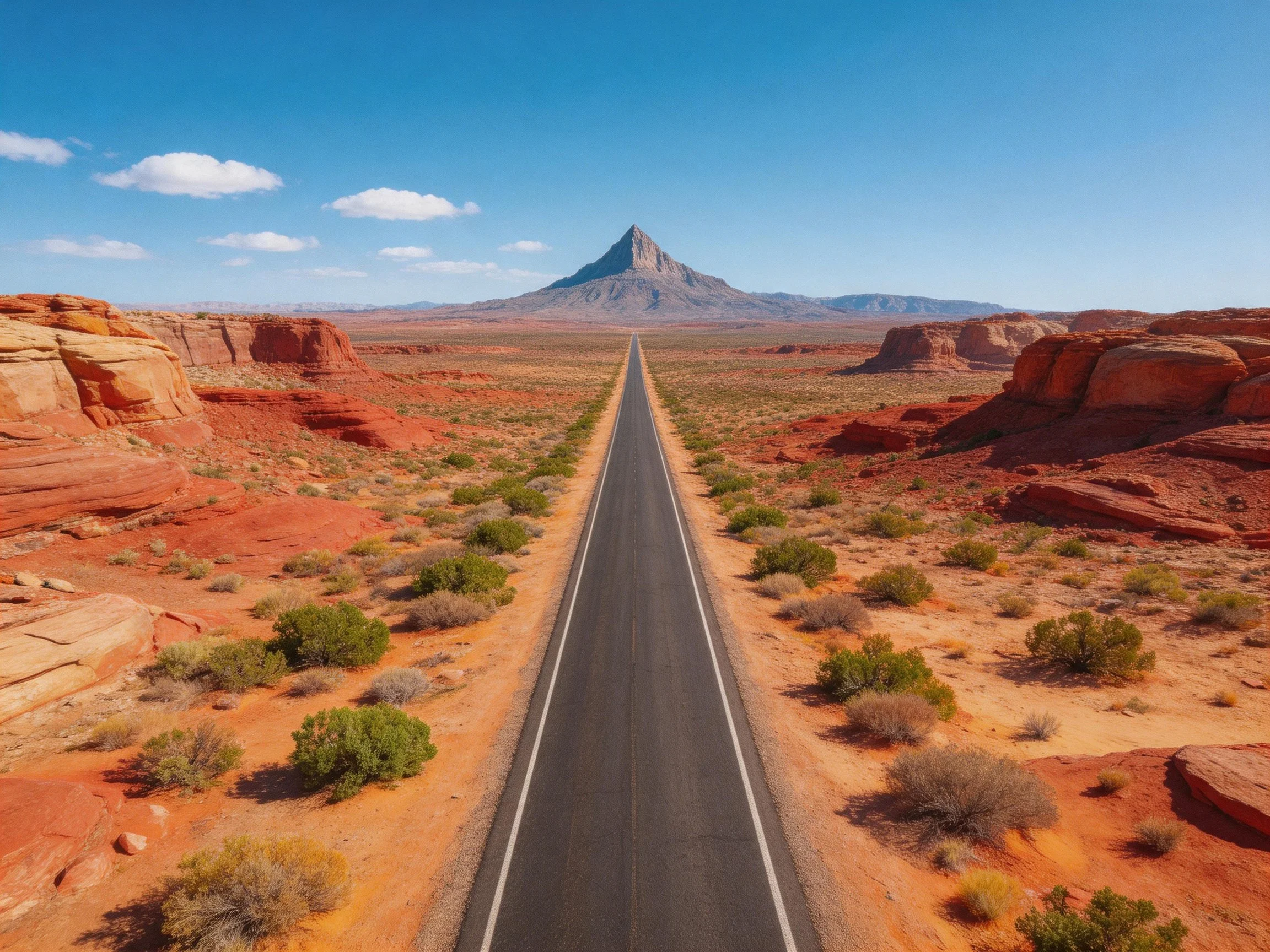 Straight road cuts through red rocky desert toward distant peak