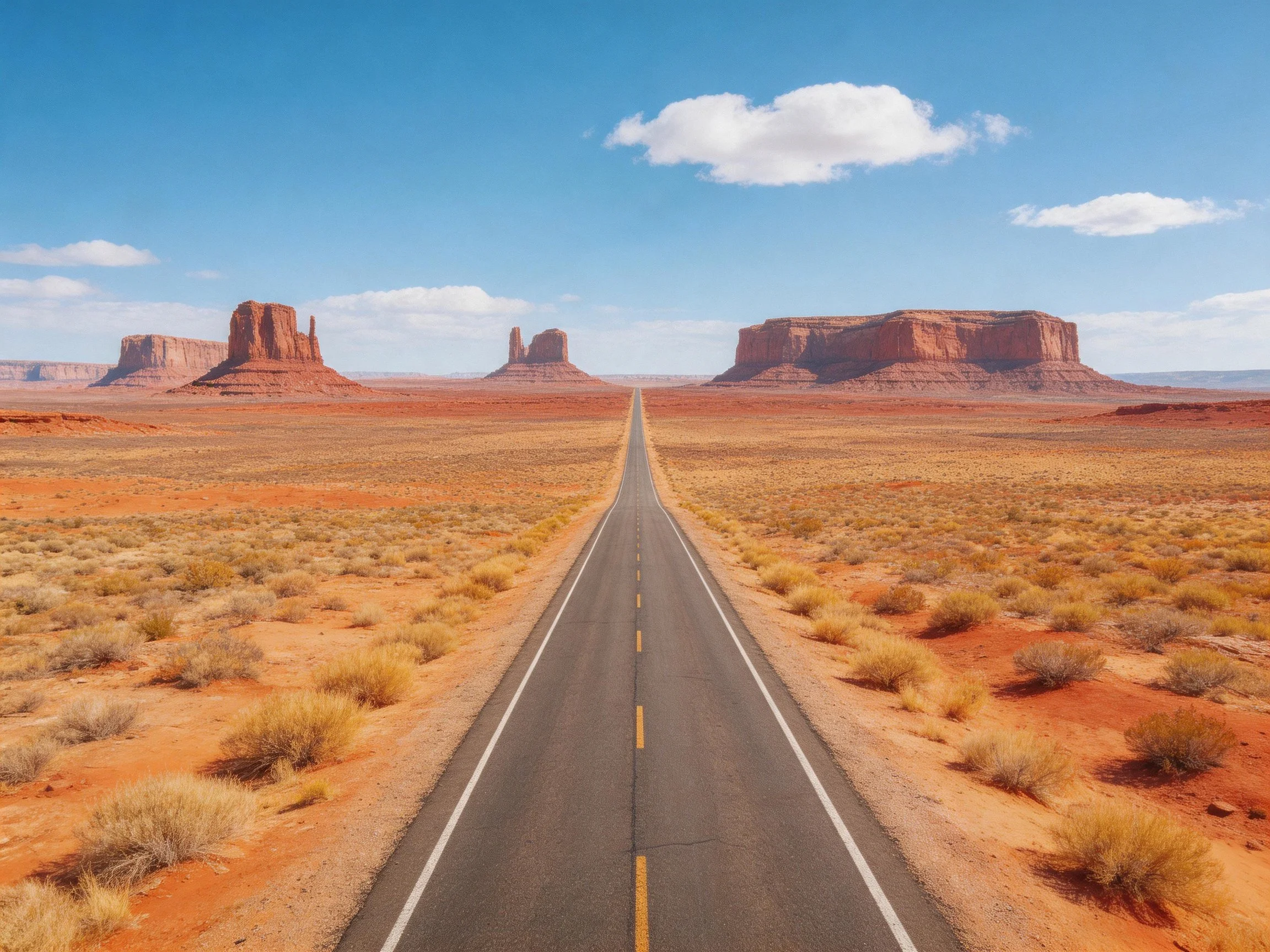 Straight road cutting through arid desert with red sandstone formations