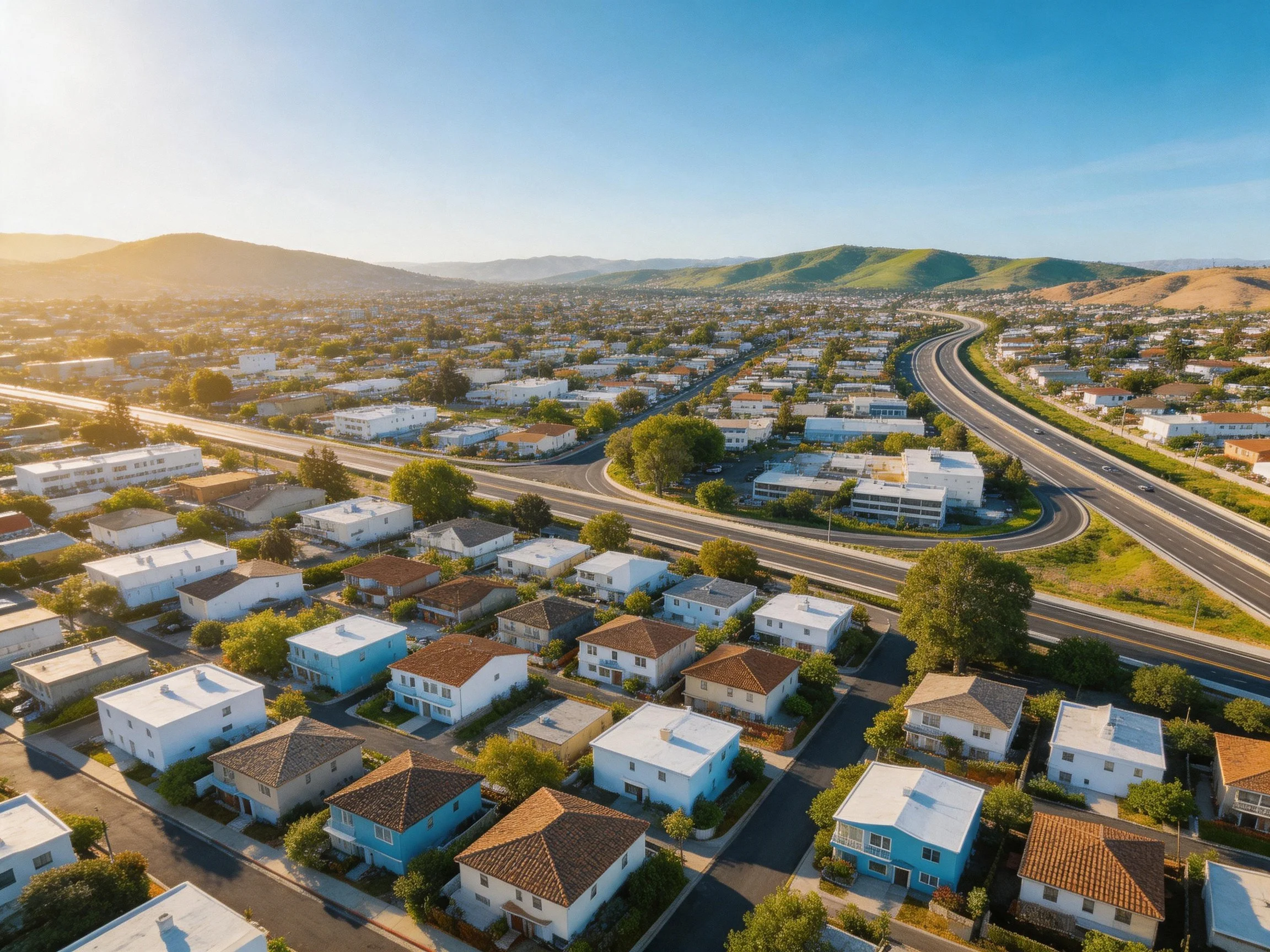 Suburban Neighborhood with Highway Interchange and Rolling Hills