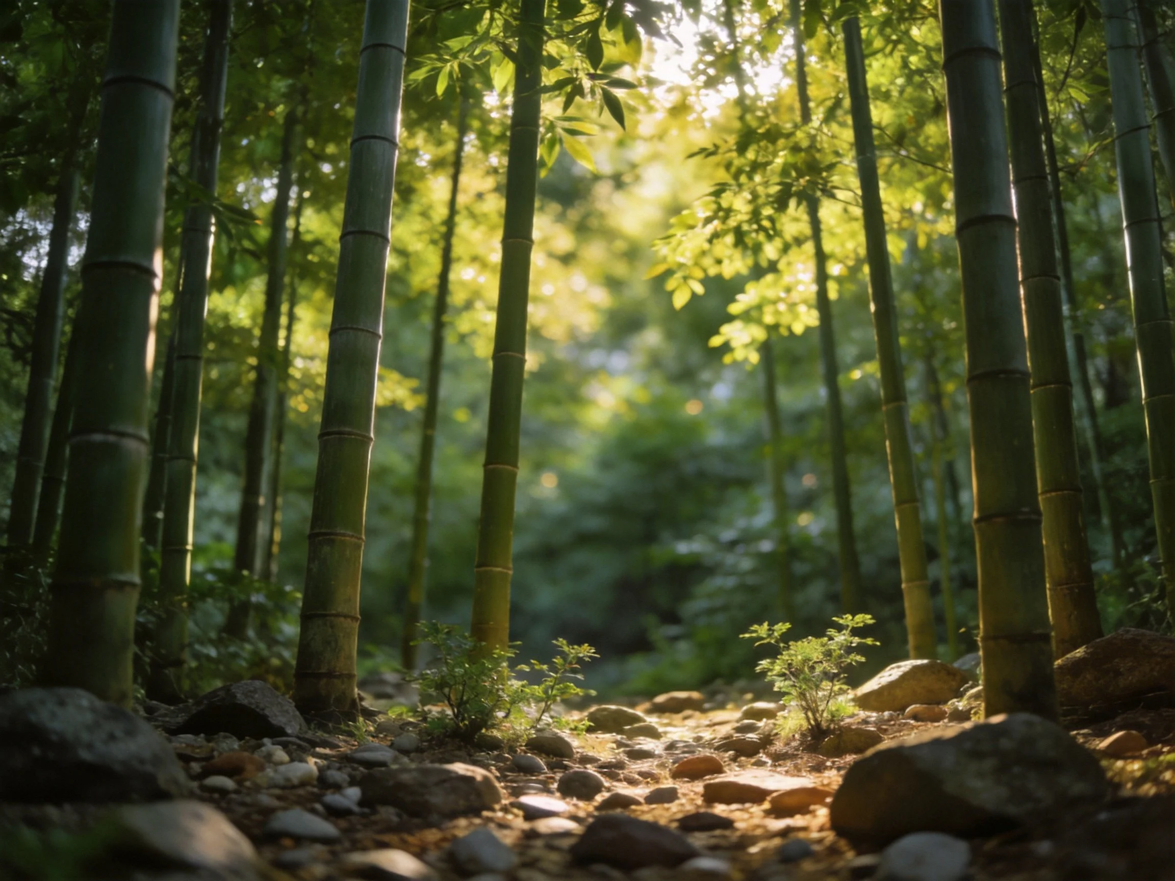 Sun-dappled Bamboo Grove with Tall Stalks and Scattered Rocks