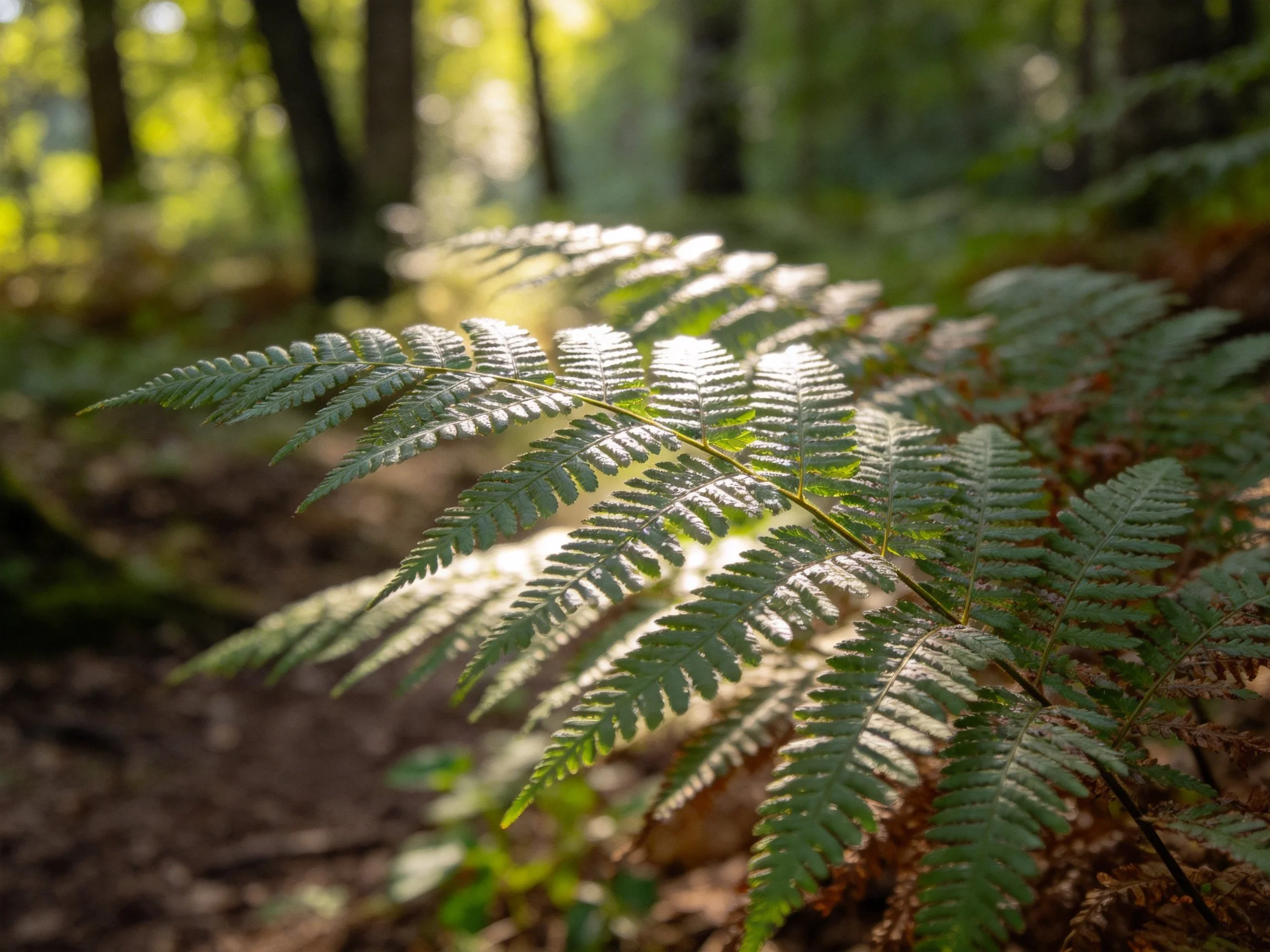 Sun-dappled Fern Fronds in a Lush Forest Setting