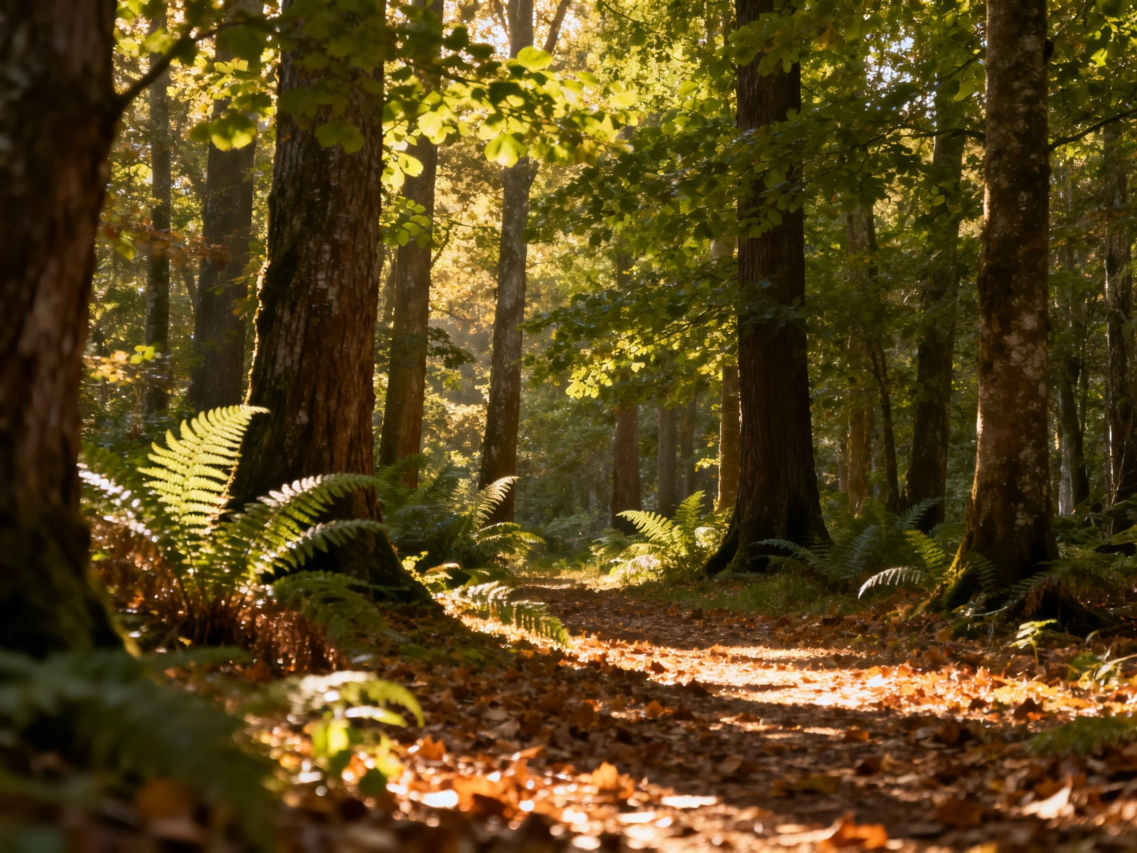 Sun-dappled Forest Path Among Tall Trees and Ferns