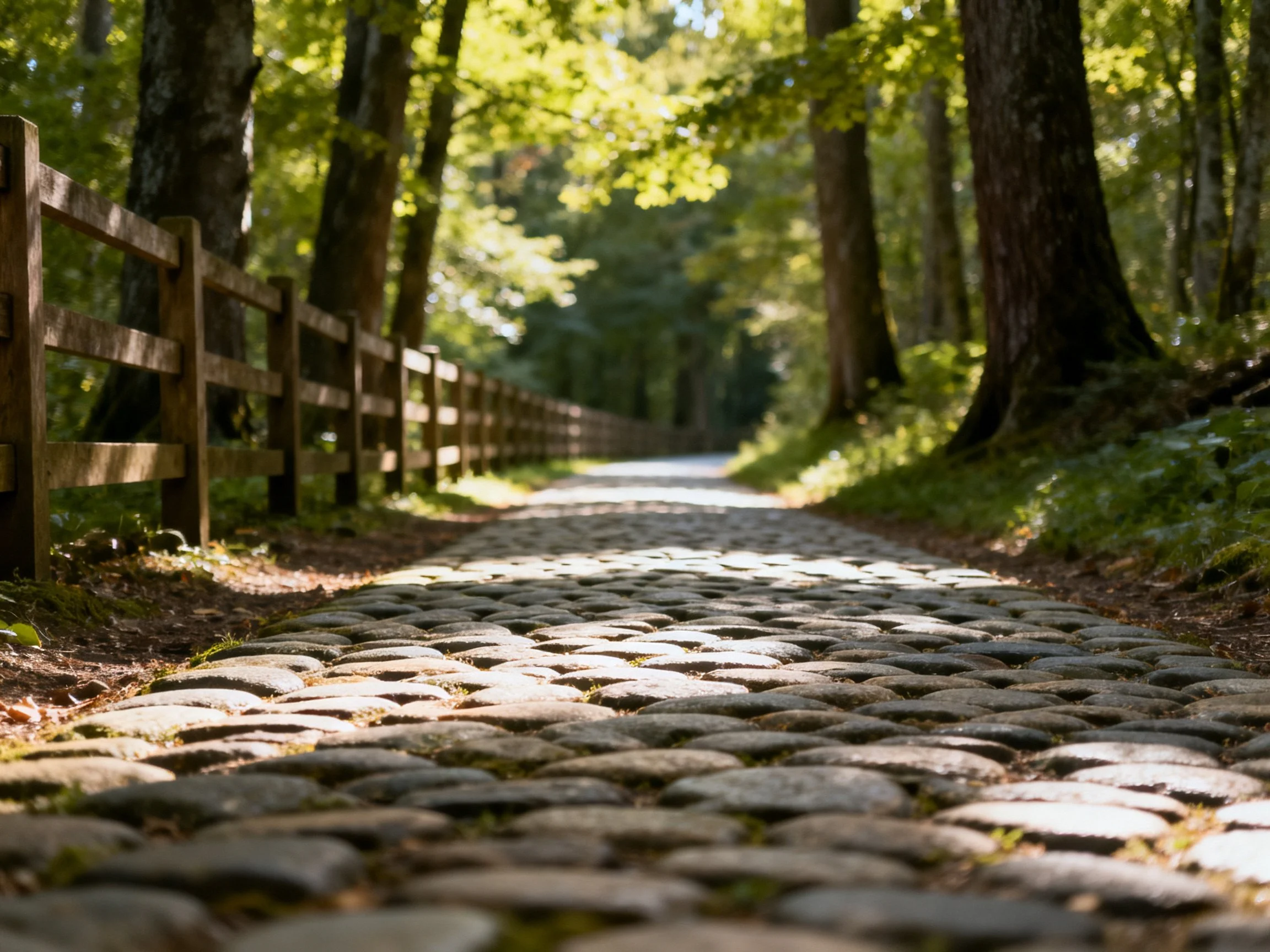 Sun-dappled cobblestone path bordered by wooden fence and dense forest