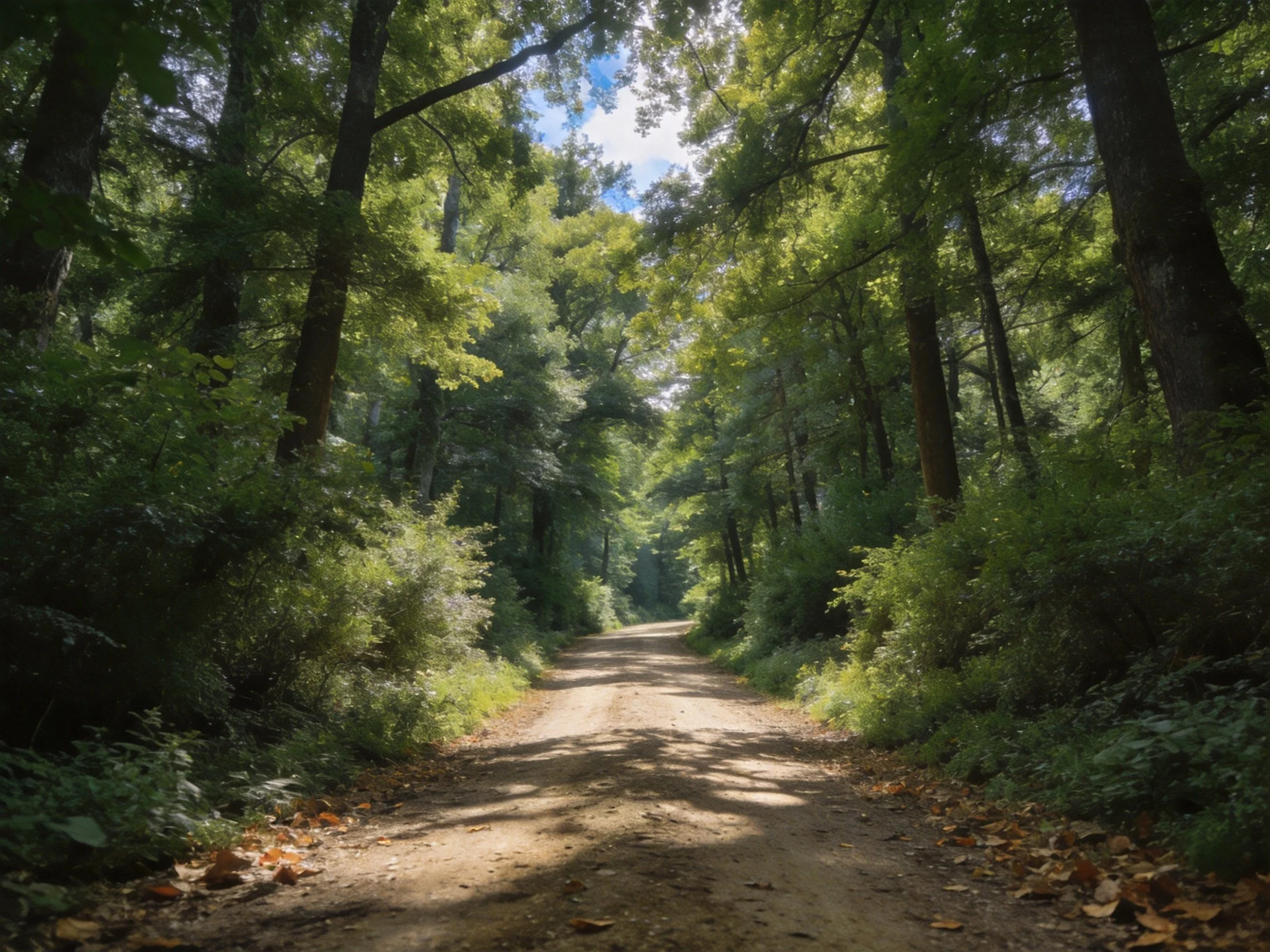Sun-dappled dirt road winding through dense green forest
