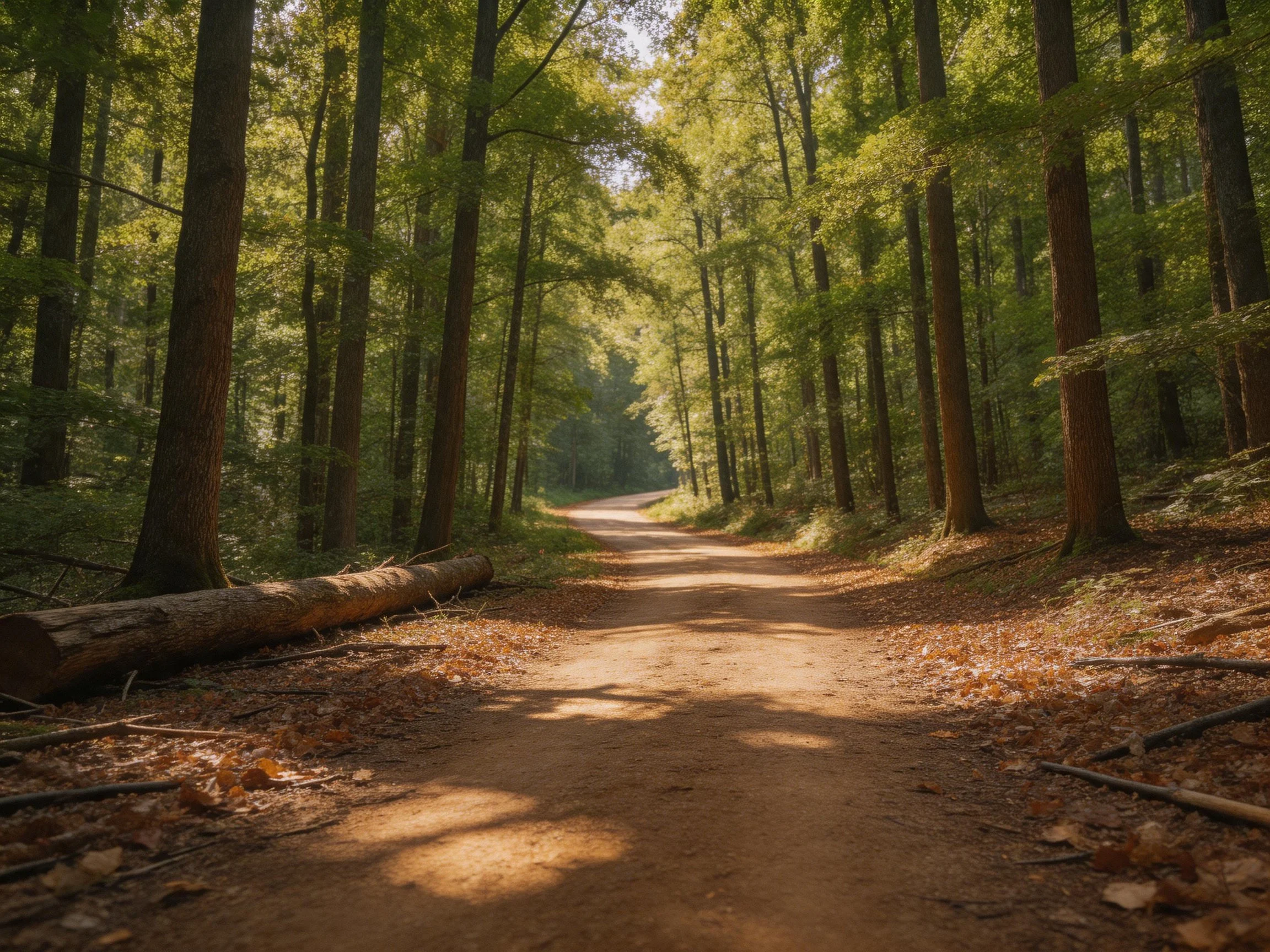 Sun-dappled forest path lined by tall green trees and fallen logs