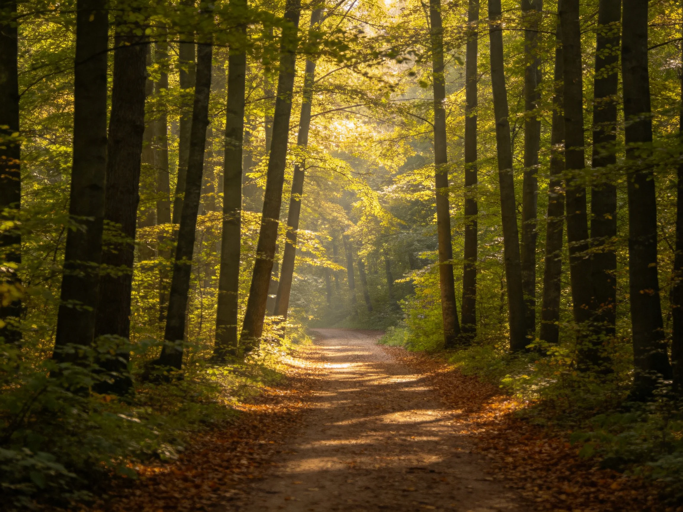 Sun-dappled forest path lined with tall trees and golden foliage