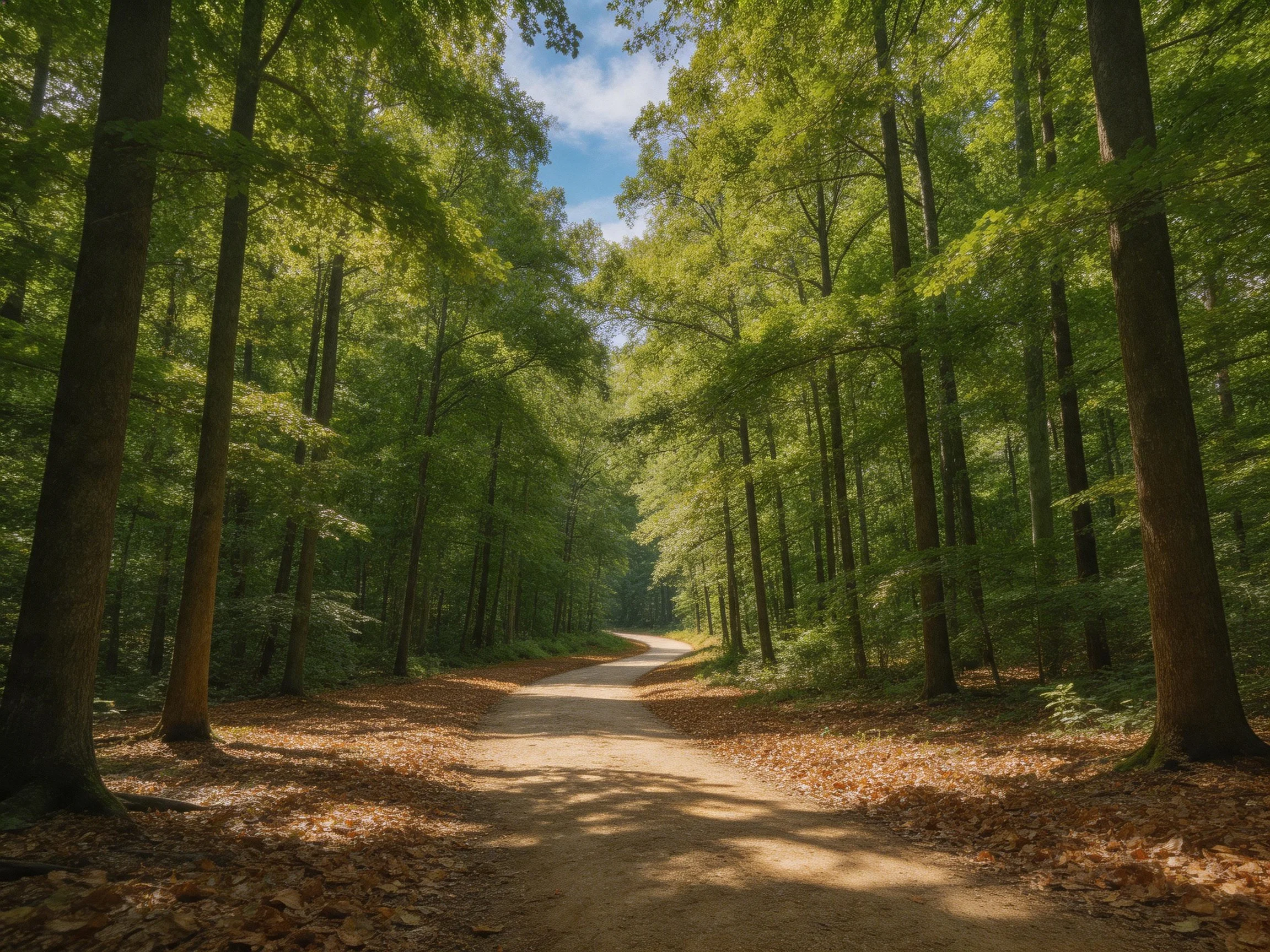 Sun-dappled forest path surrounded by tall green trees