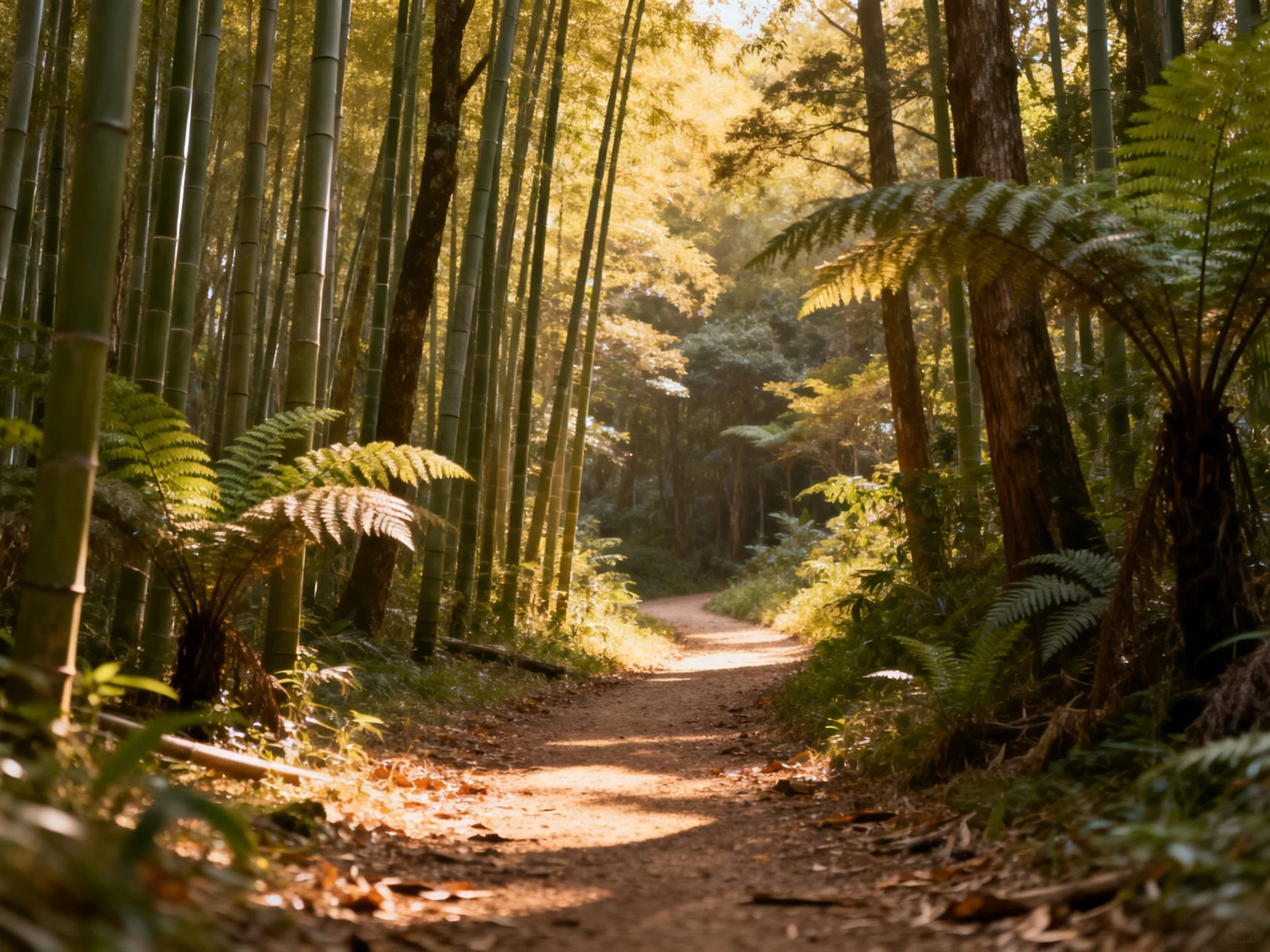 Sun-dappled forest path through tall bamboo and ferns