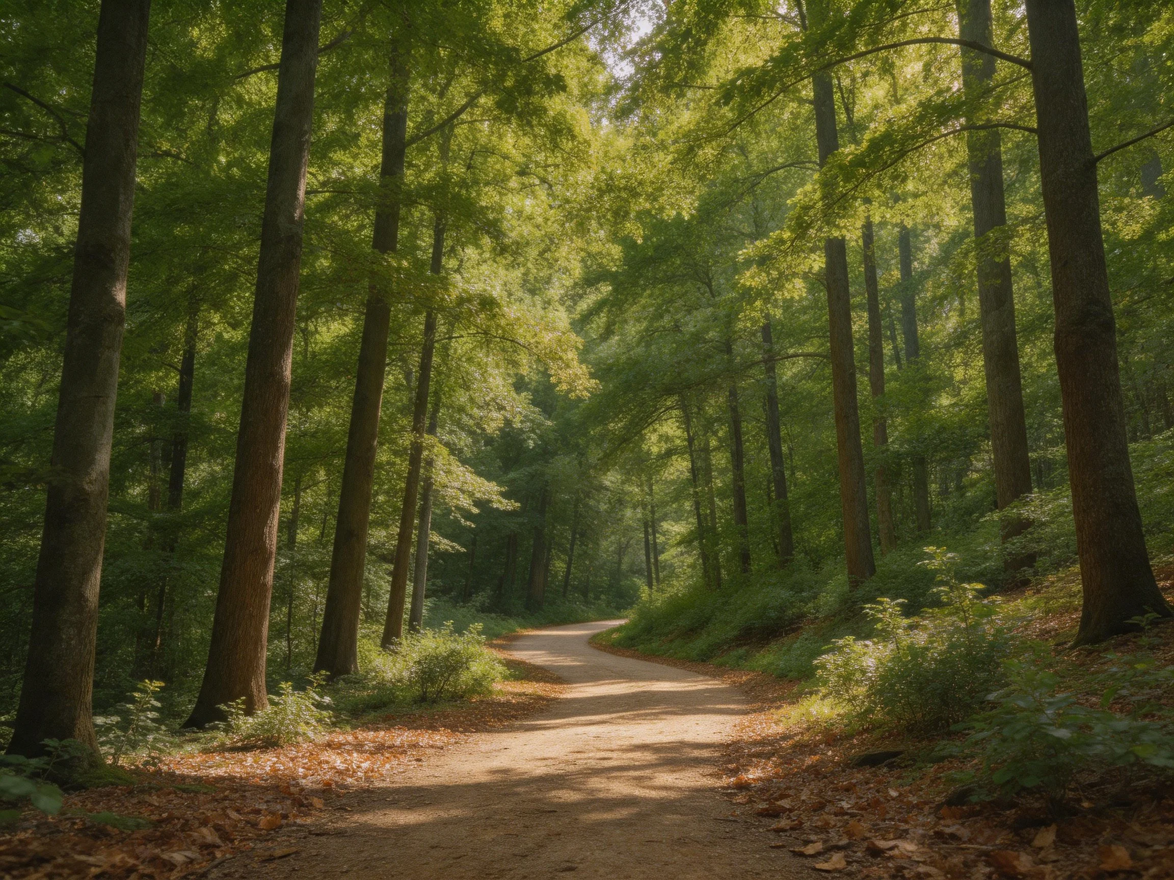 Sun-dappled forest path winding through tall green trees