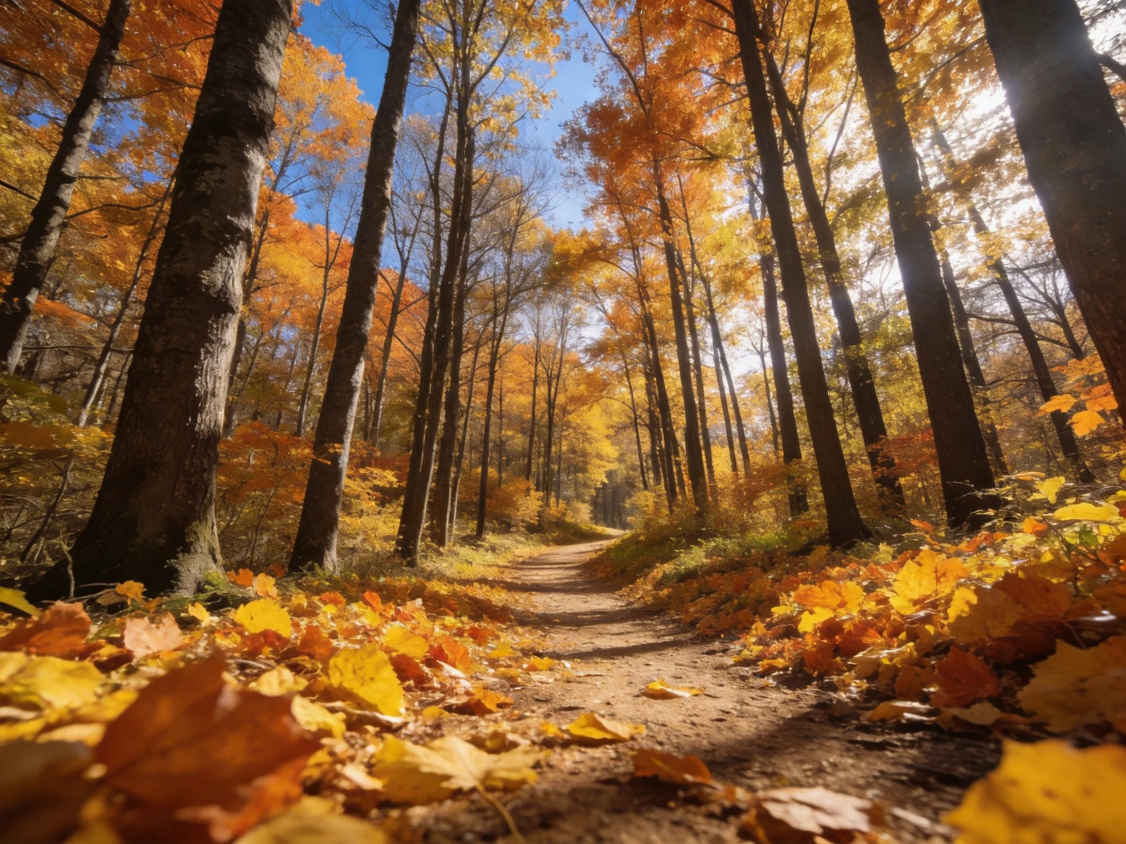 Sun-dappled forest path with golden autumn foliage