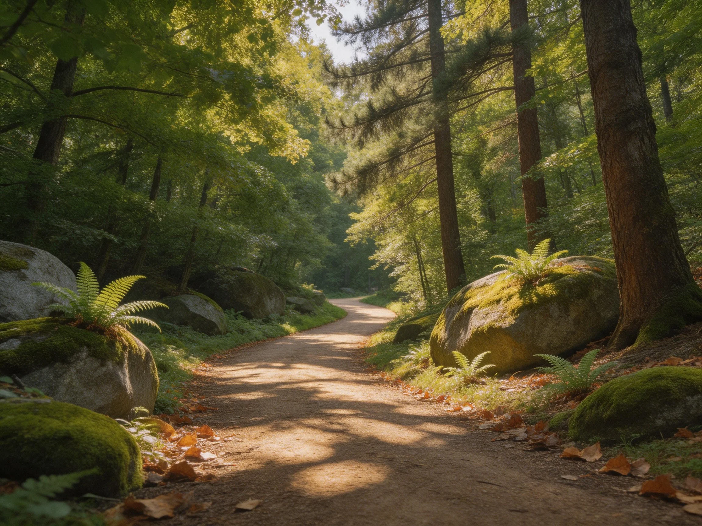 Sun-dappled forest path with moss-covered boulders and tall trees