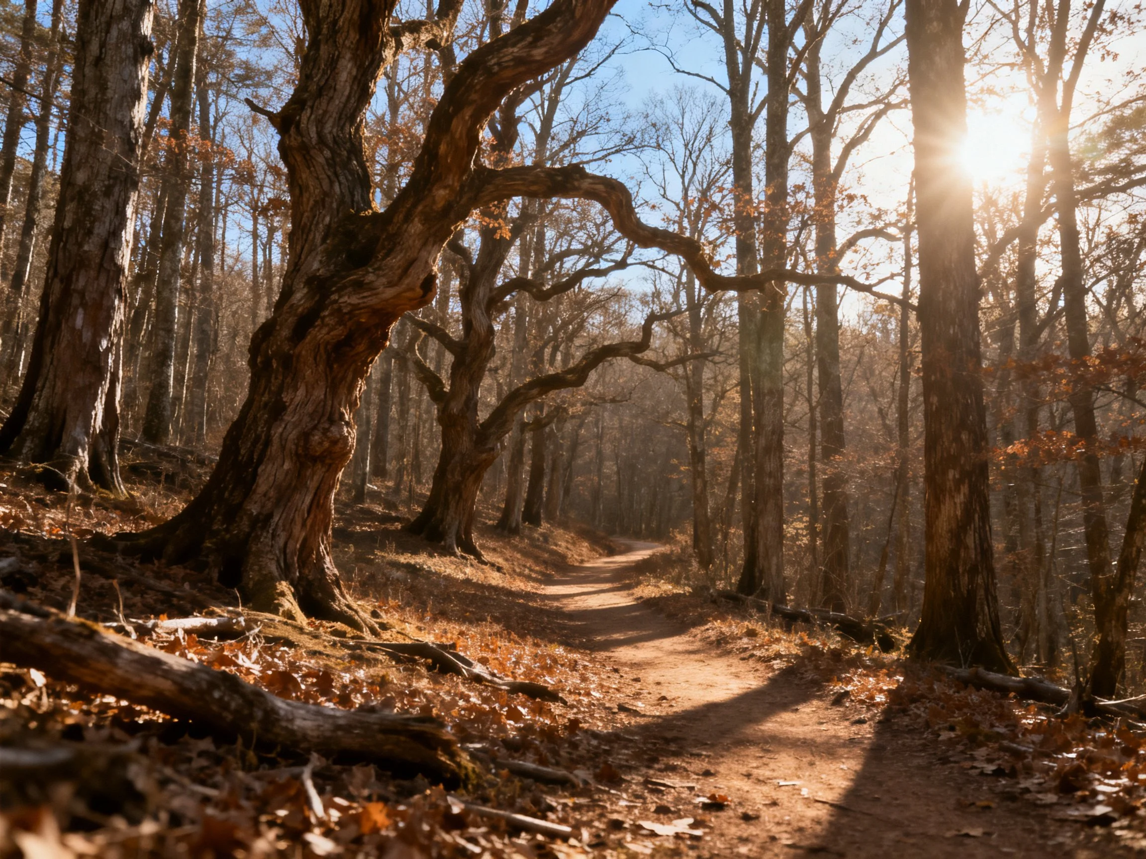 Sun-dappled forest path with tall, gnarled trees and golden autumn foliage