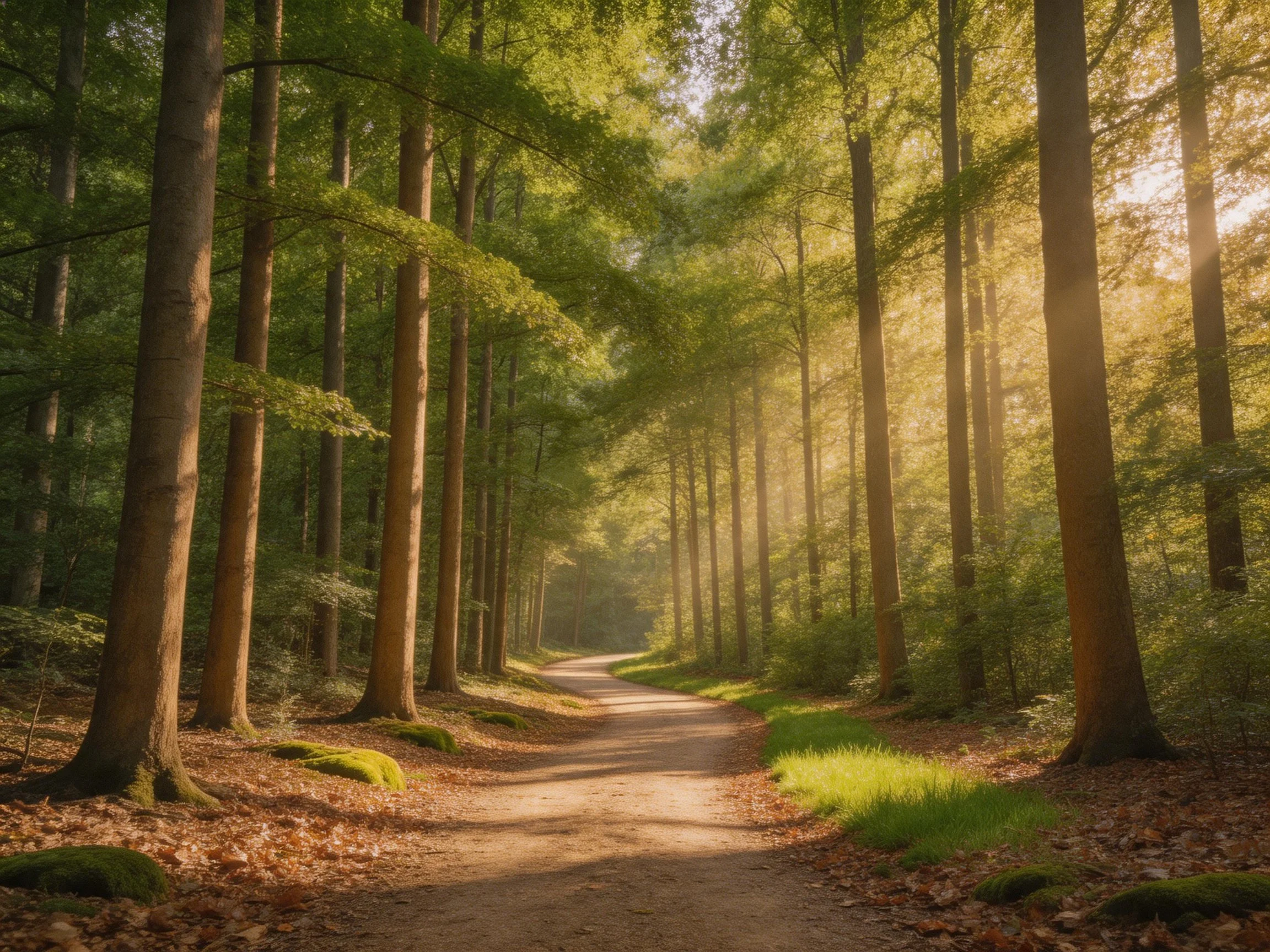 Sun-dappled forest path with tall trees and lush greenery