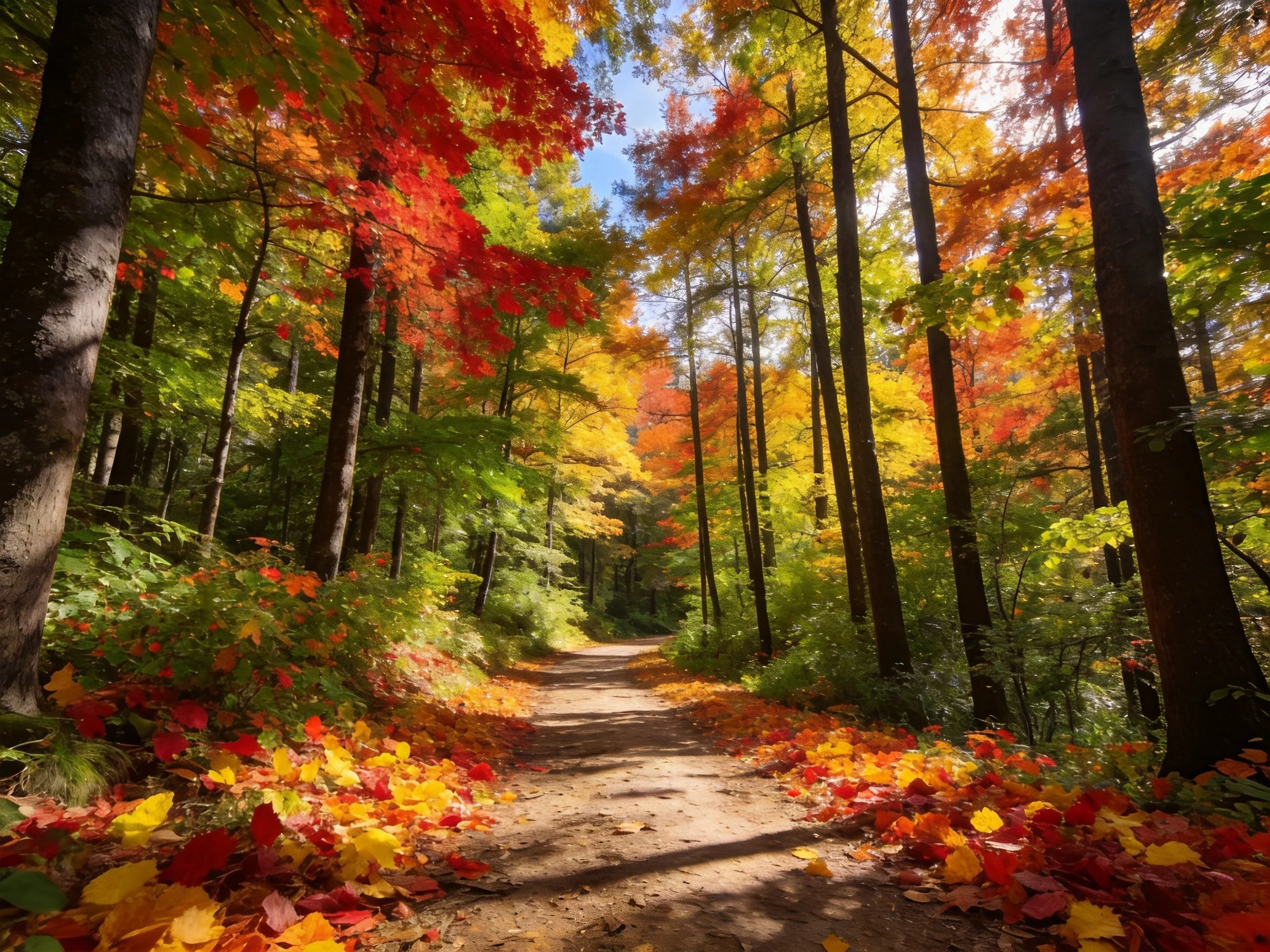 Sun-dappled forest path with vibrant fall foliage