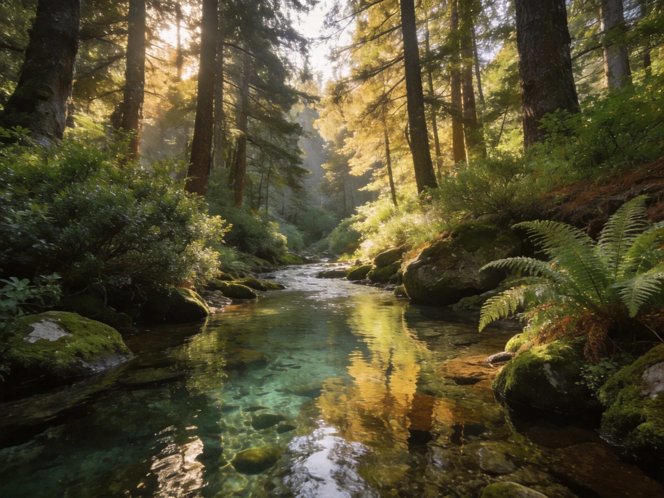 Sun-dappled forest stream with clear water and tall trees