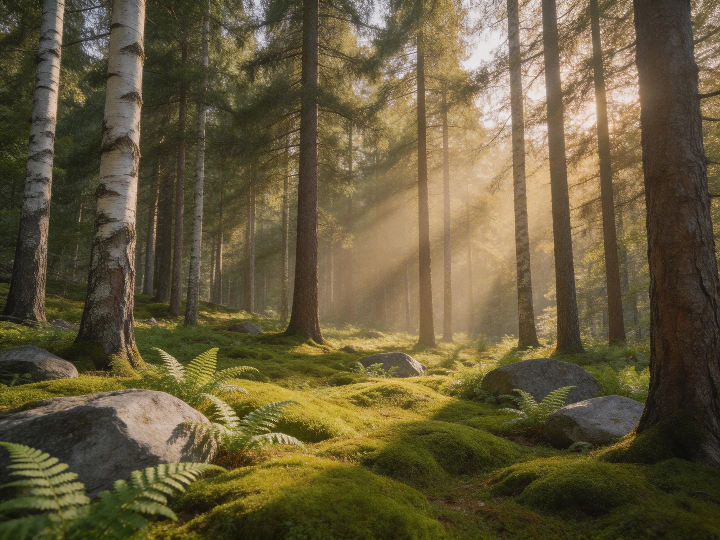 Sun-dappled forest with tall birch and pine trees