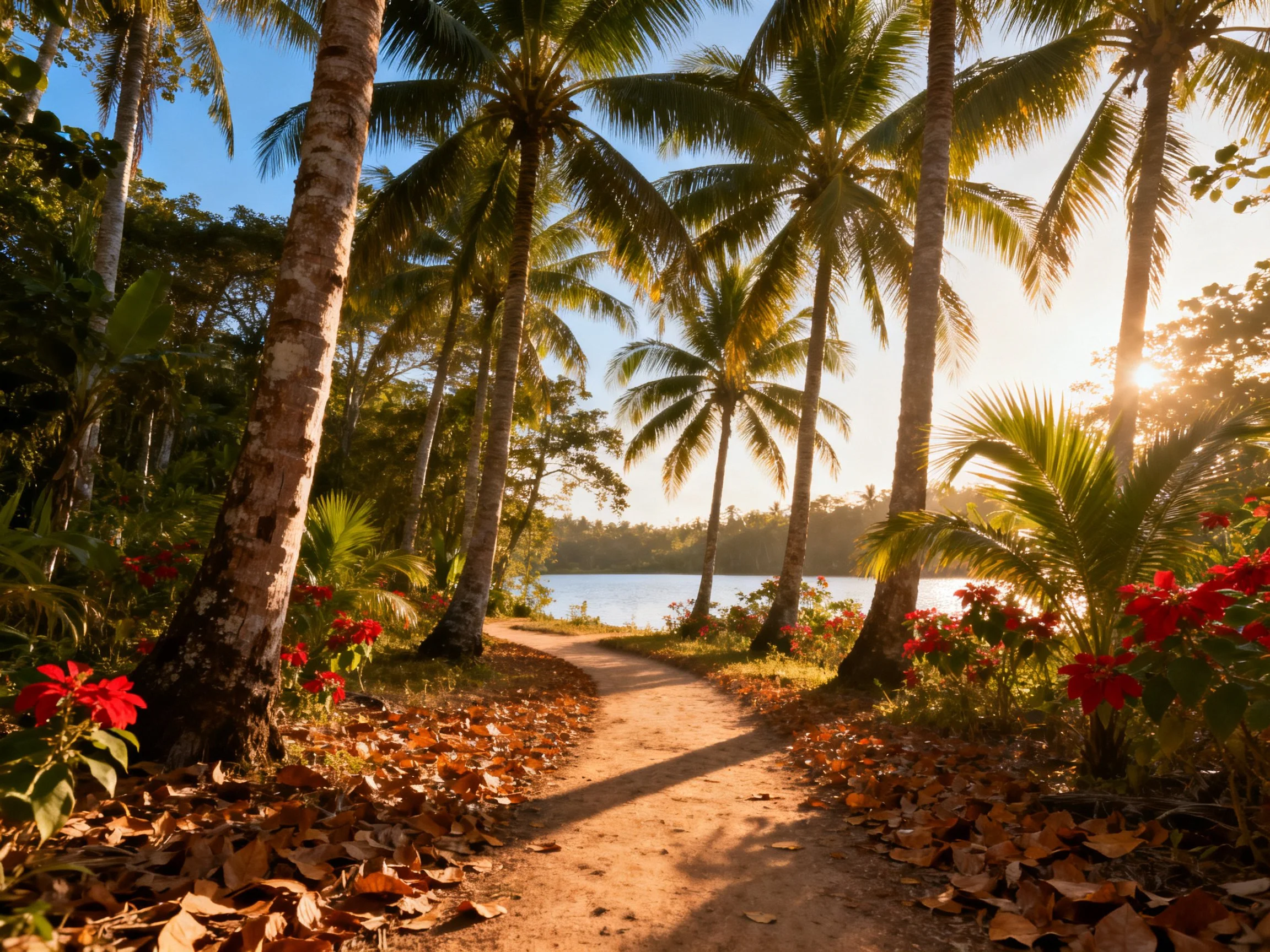 Sun-dappled tropical path with tall palms and vibrant flowers near a lake