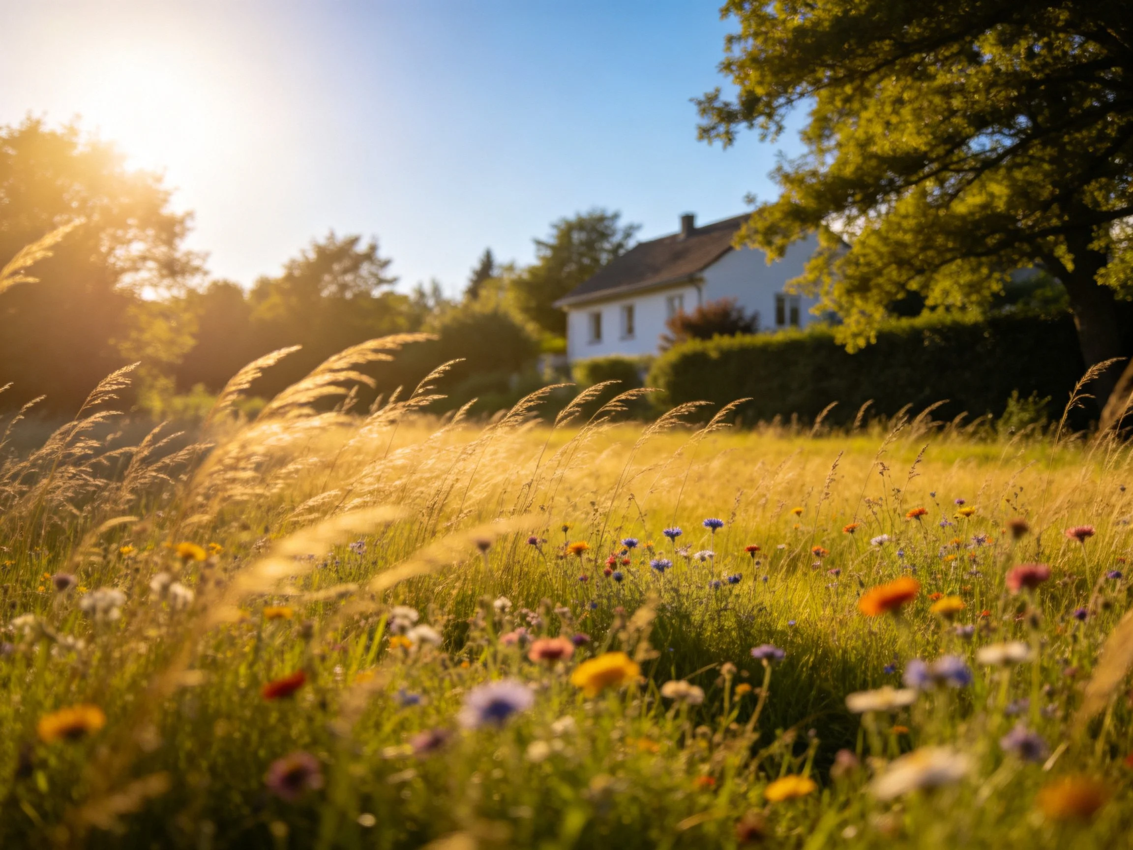 Sun-drenched meadow with colorful wildflowers and white house