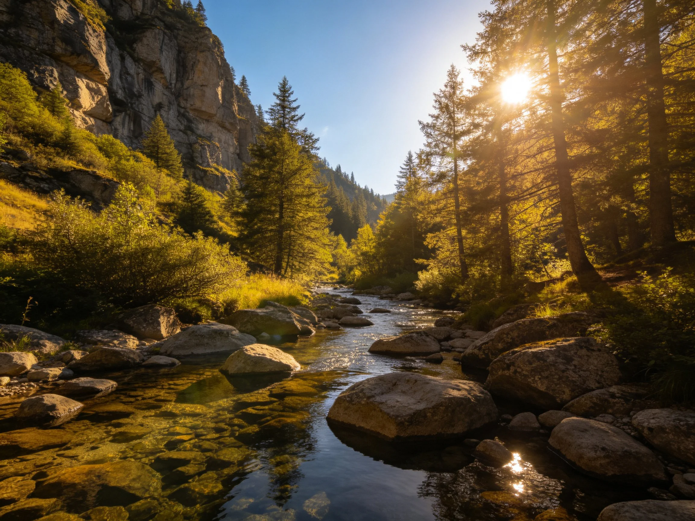 Sun-drenched stream winds past boulders and pine forests