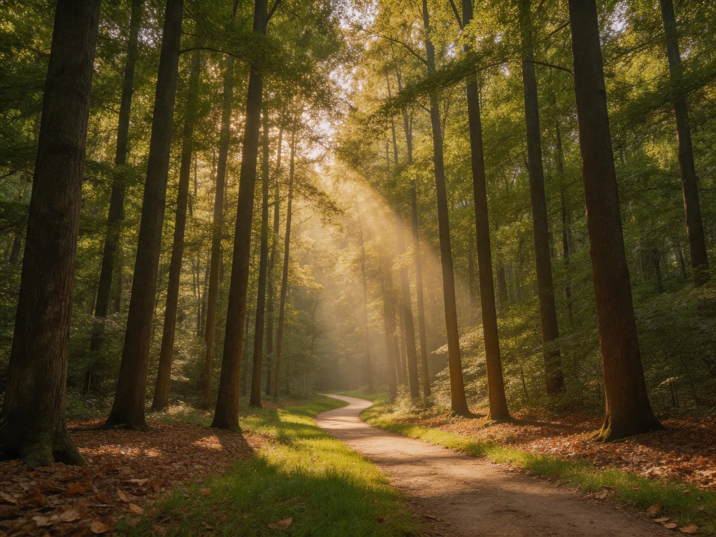 Sunbeams filter through towering trees along a winding forest path
