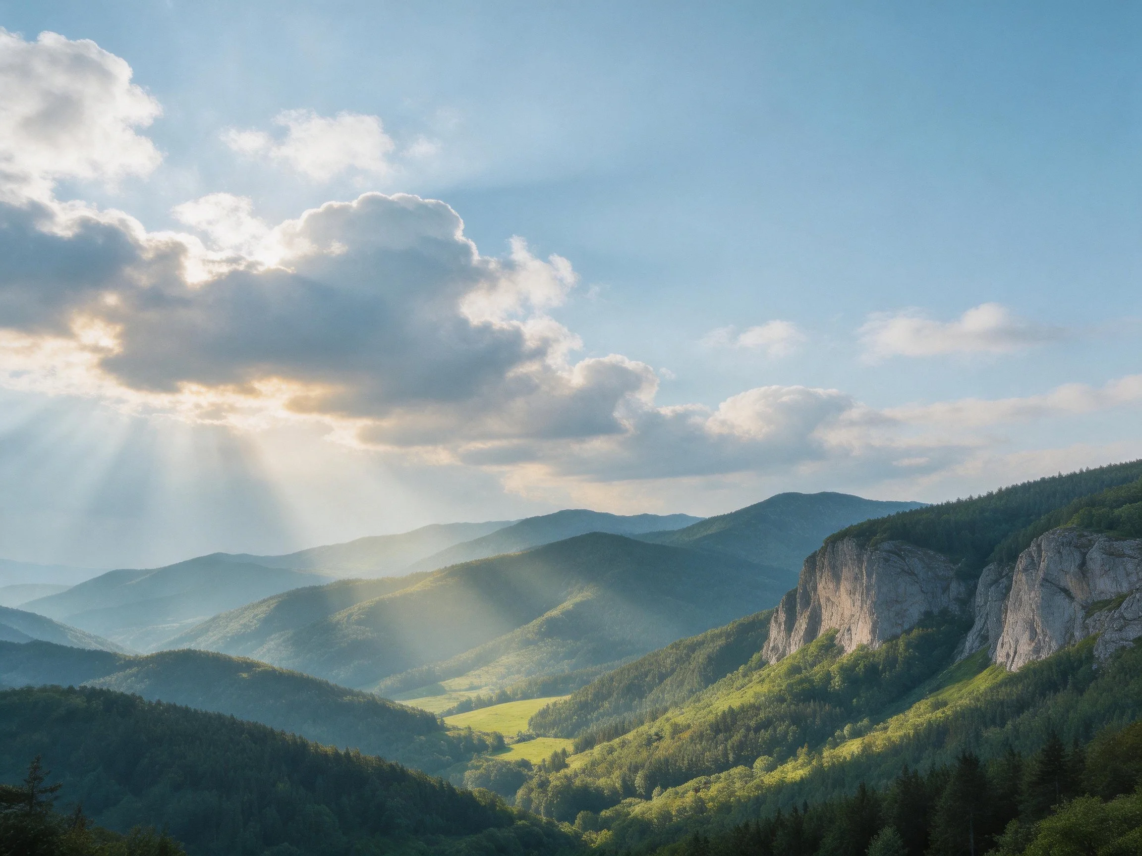 Sunbeams illuminate verdant mountains and rocky cliffs