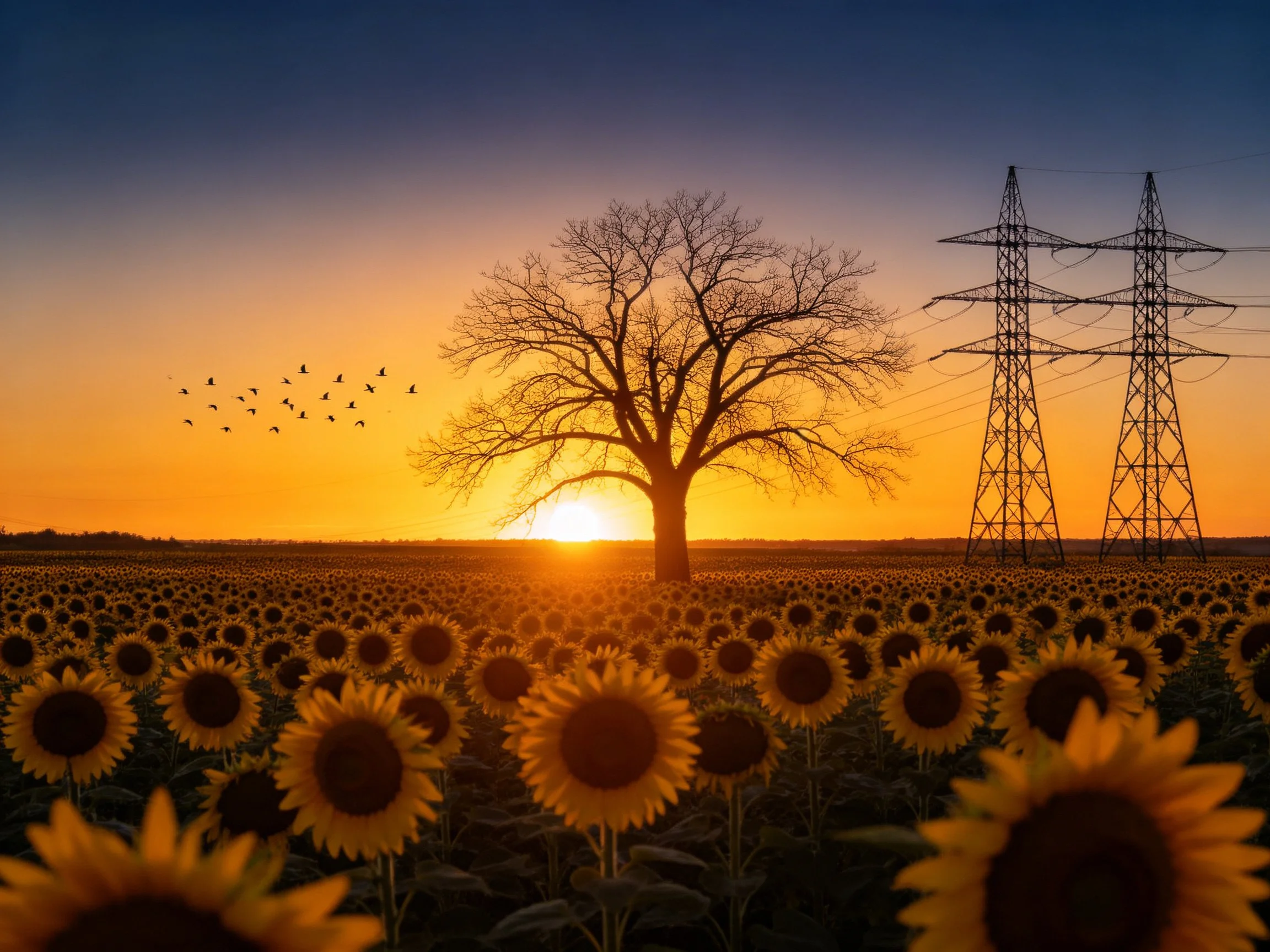 Sunflower Field at Sunset with Central Tree and Power Towers