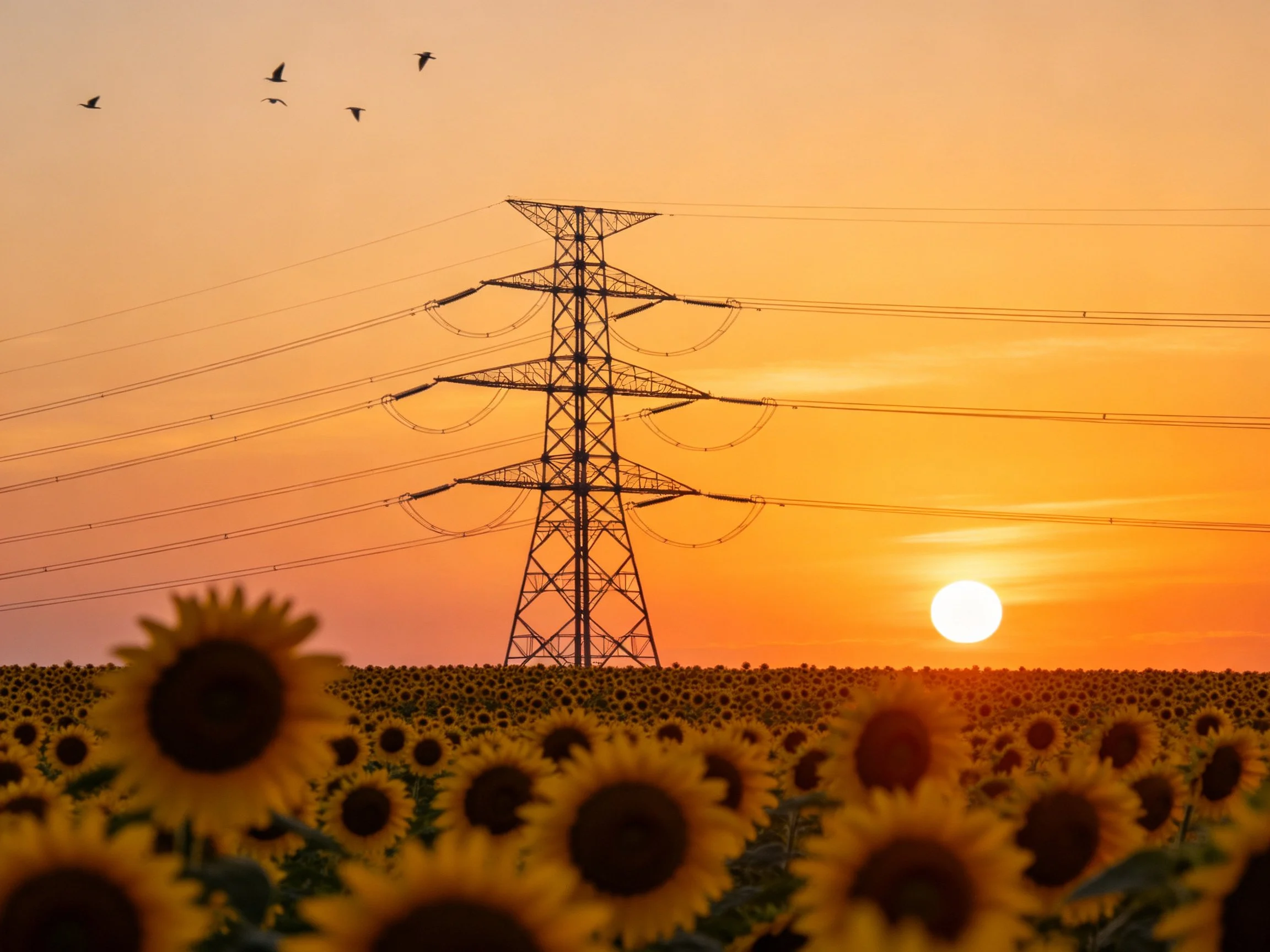 Sunflower field at sunset with power tower and birds