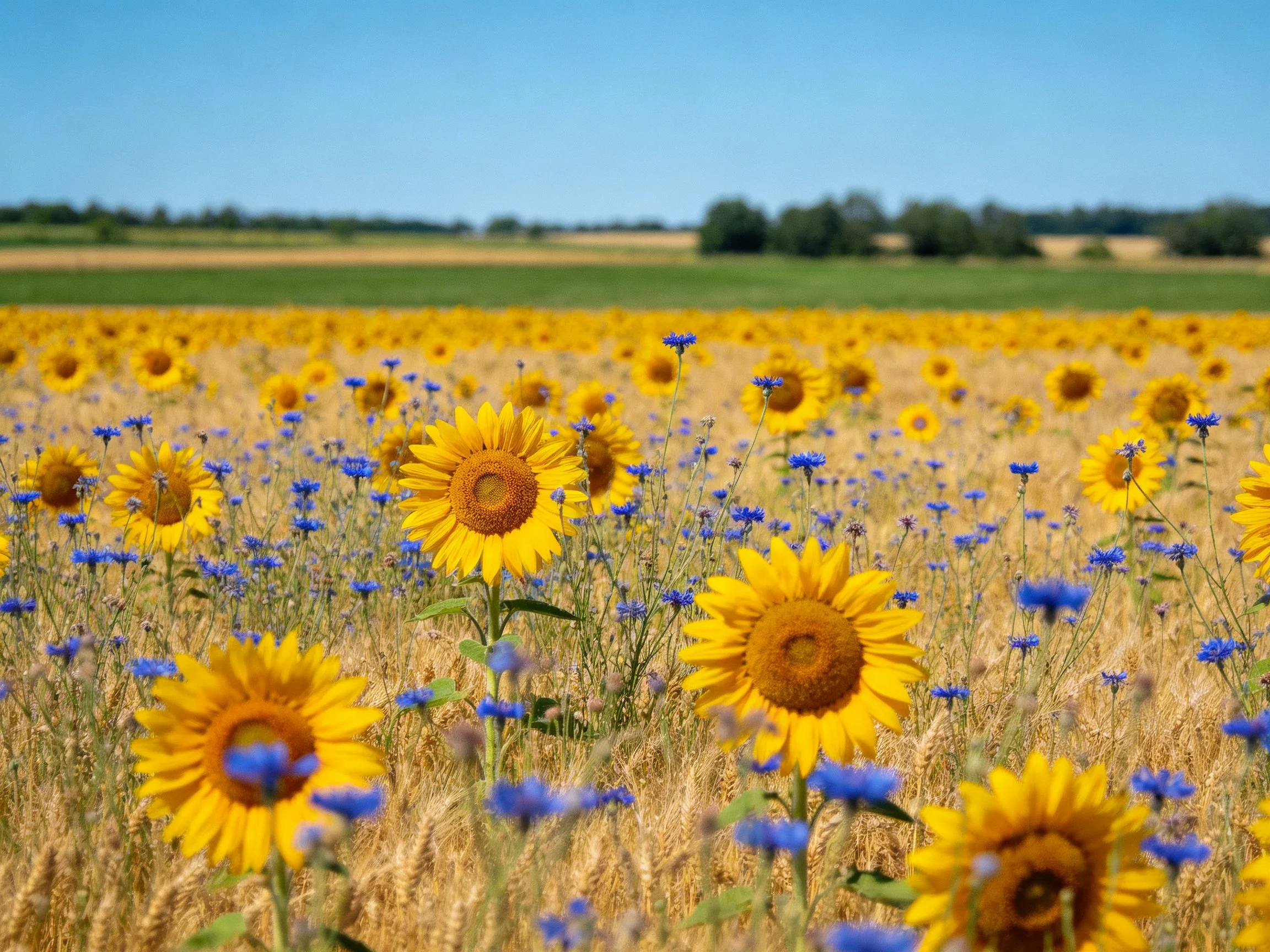 Sunflower field with blue wildflowers and golden wheat