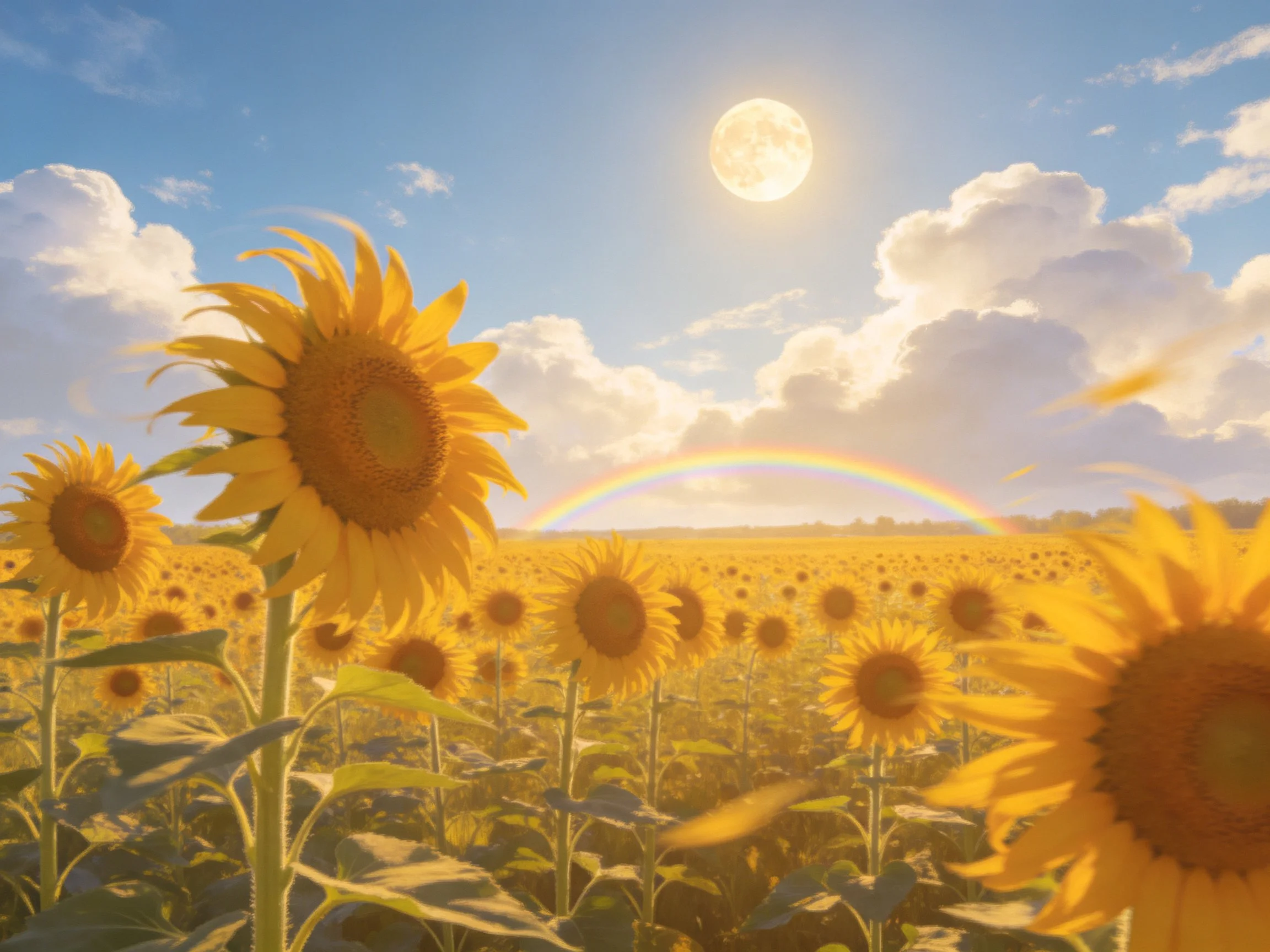 Sunflower field with bright sun, rainbow, and blue sky