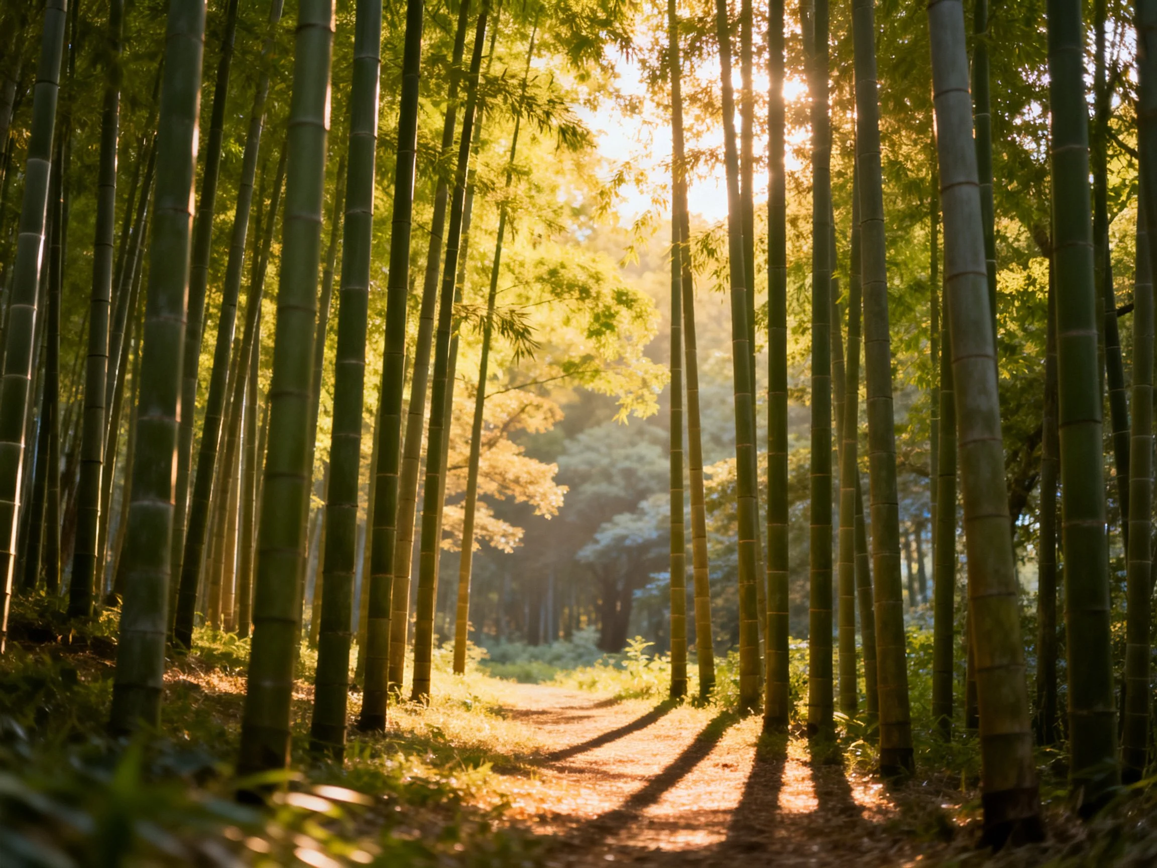 Sunlight Filters Through Tall Bamboo Trees Along a Forest Path