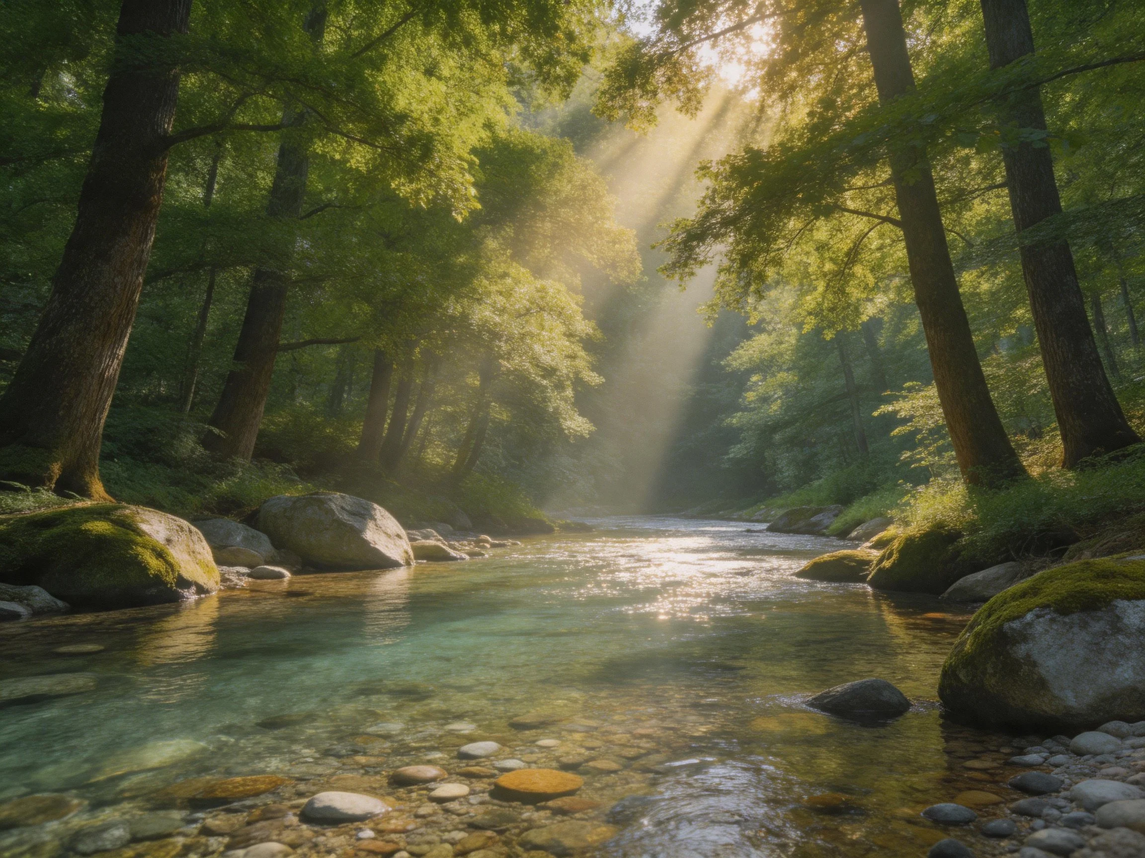 Sunlight beams through lush forest over clear rocky stream