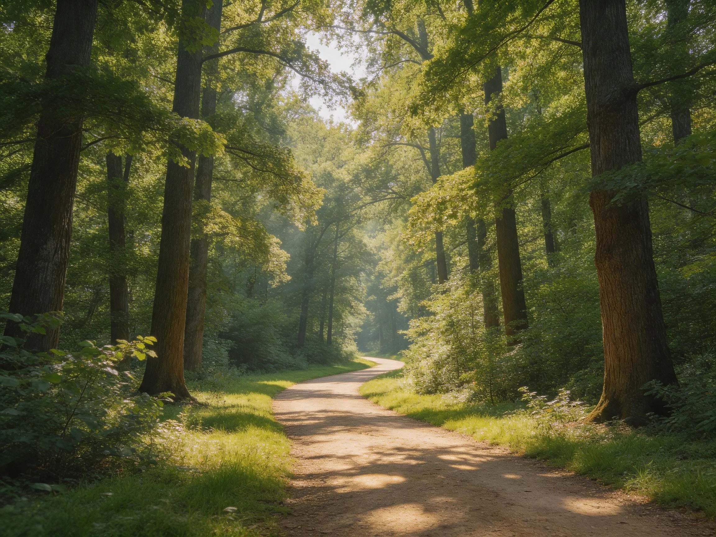Sunlight-filtered forest path winding between tall green trees