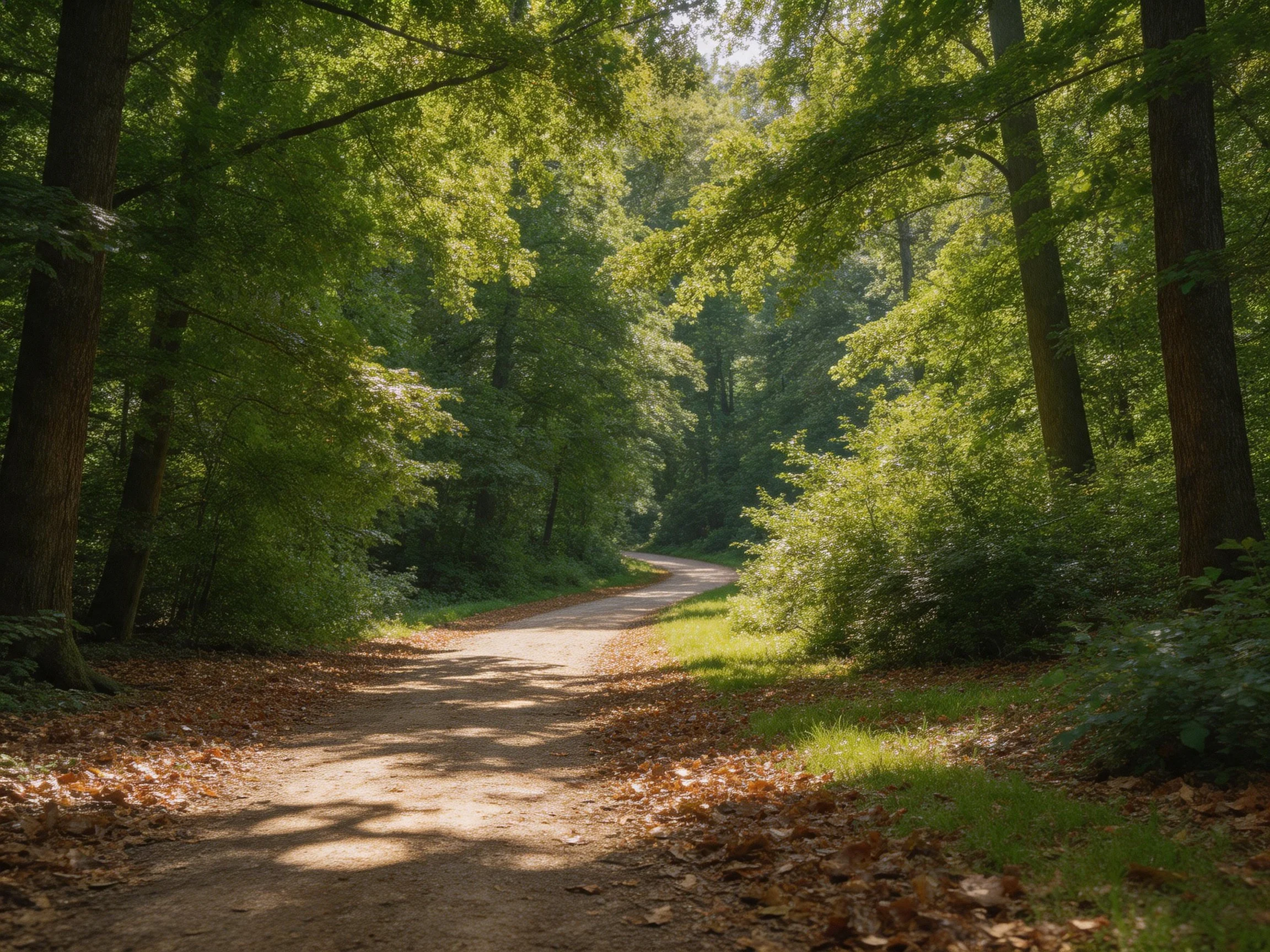 Sunlight filters over a winding dirt path in lush green woods