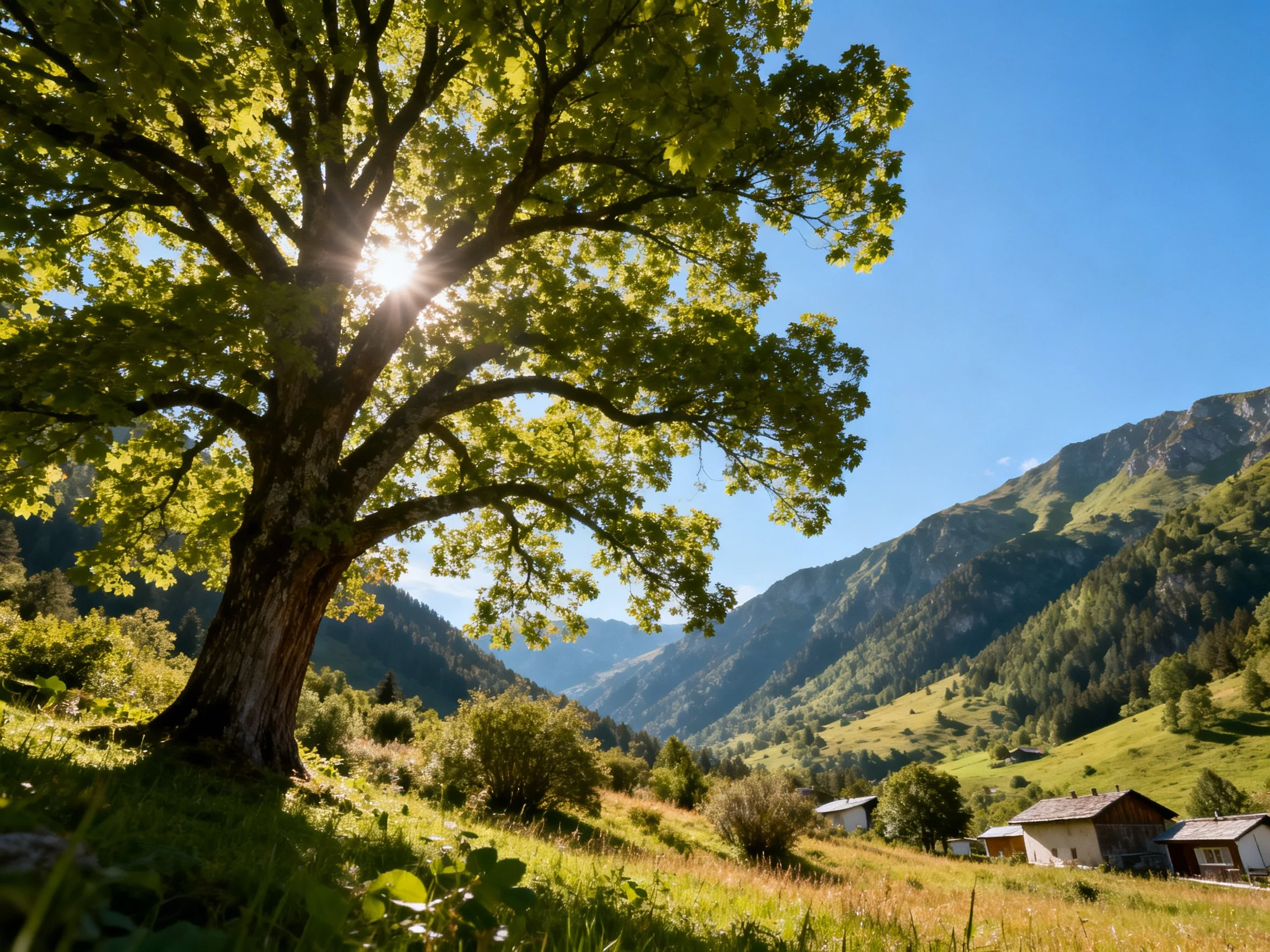 Sunlight filters through a large oak tree near mountainous countryside homes