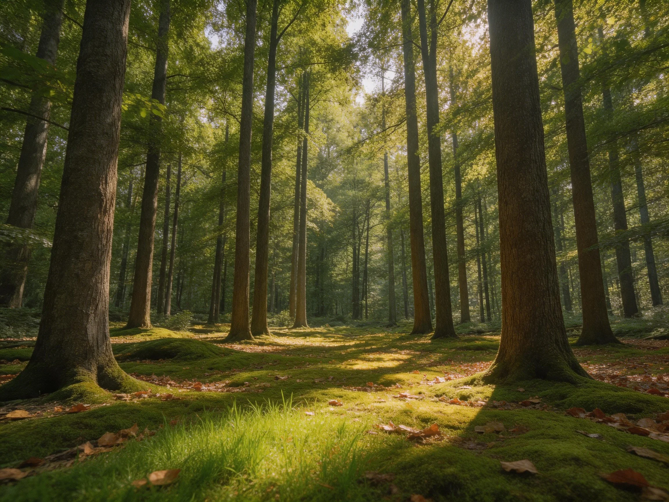Sunlight filters through tall trees in a lush forest clearing.