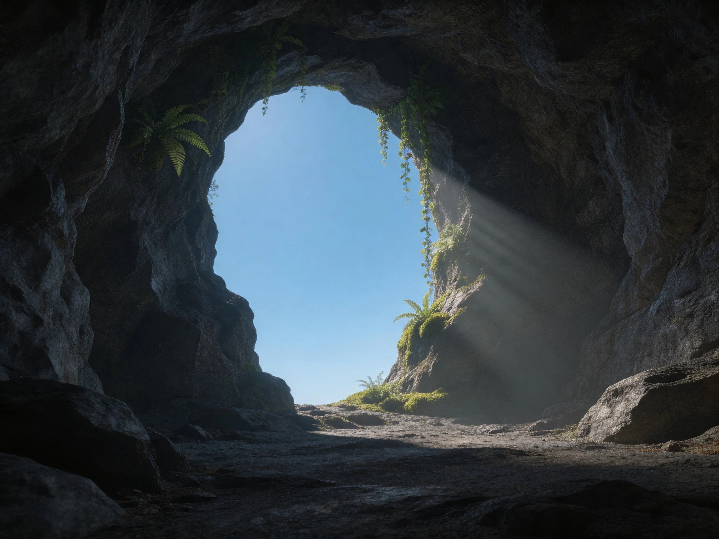 Sunlight illuminates a rocky cave with hanging ferns
