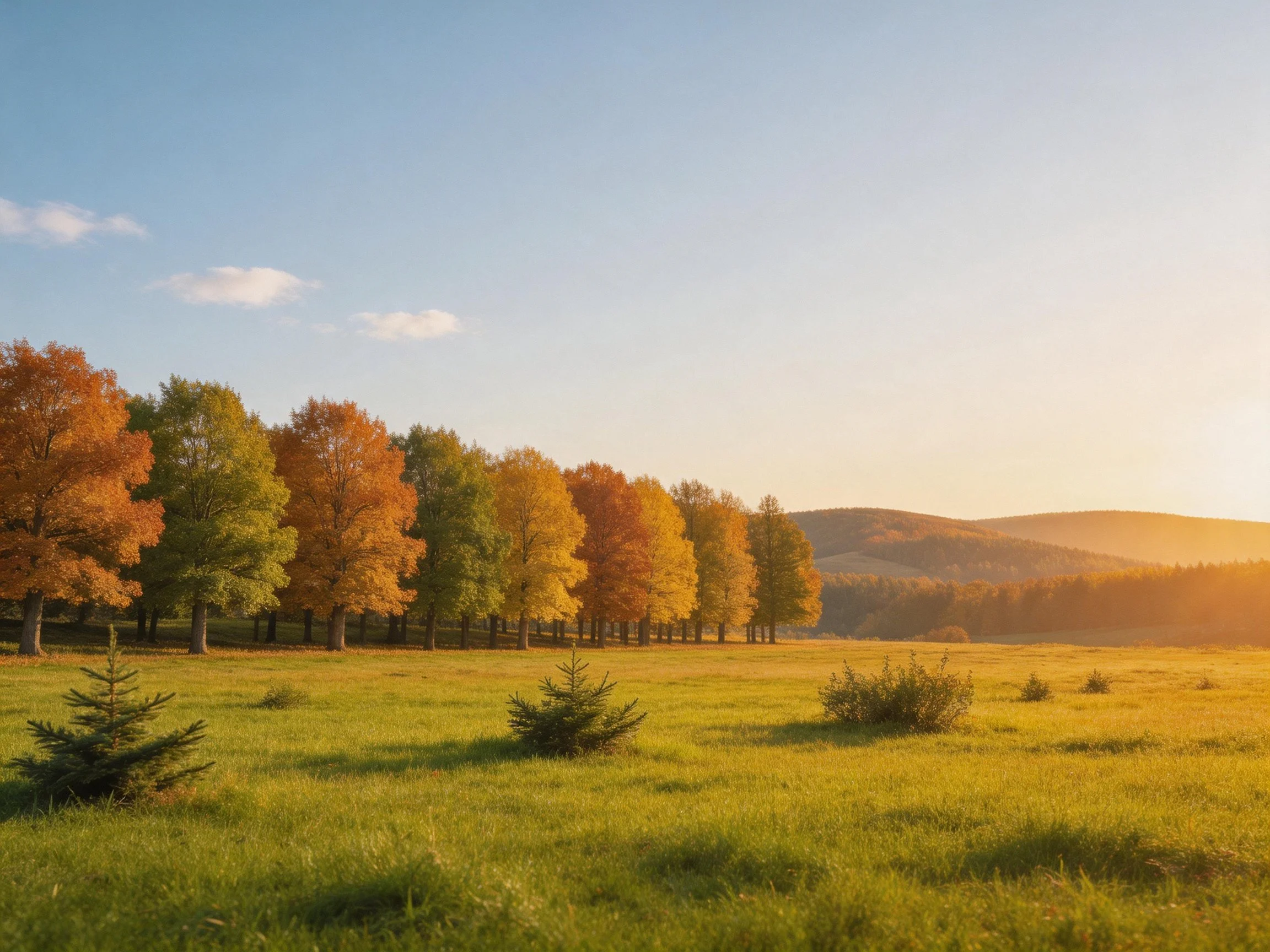 Sunlight illuminates an autumnal landscape with colorful trees and distant mountains