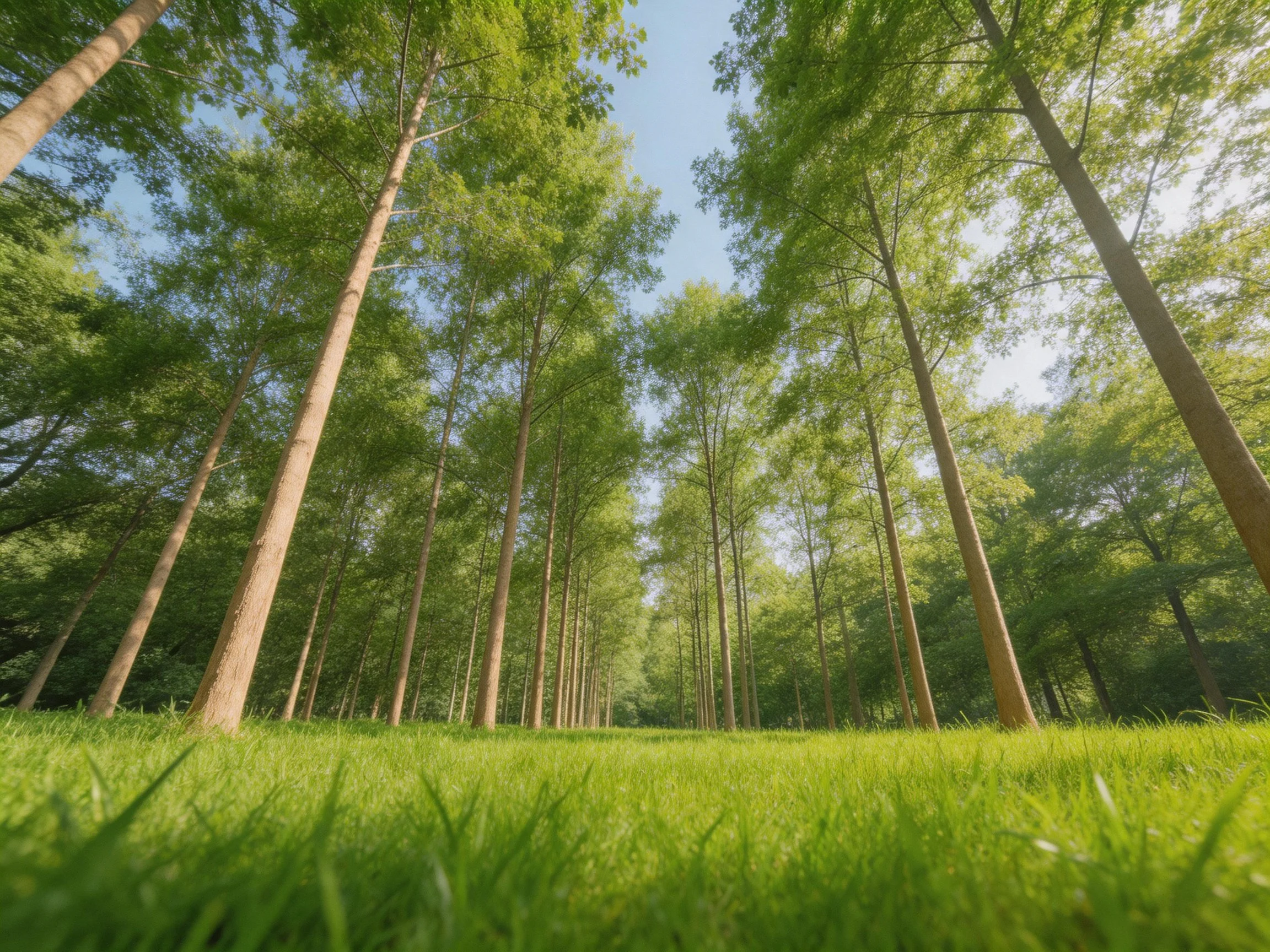 Sunlight illuminates tall green trees and grass in a forest setting