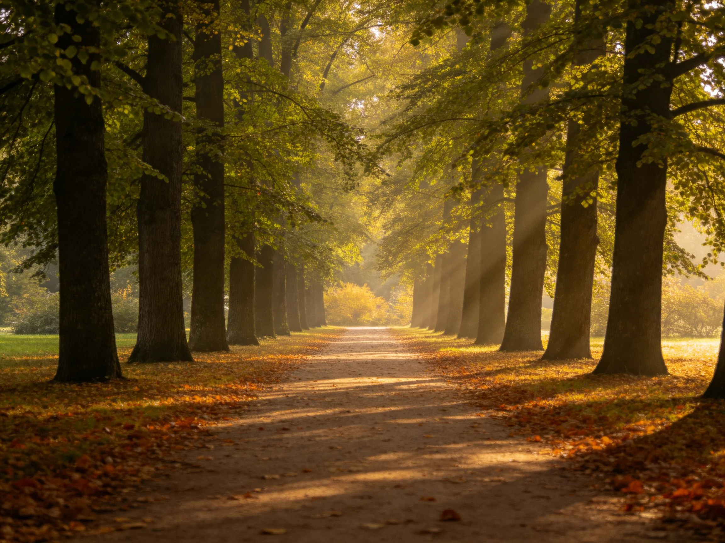 Sunlight streams through autumn trees along a leaf-littered path