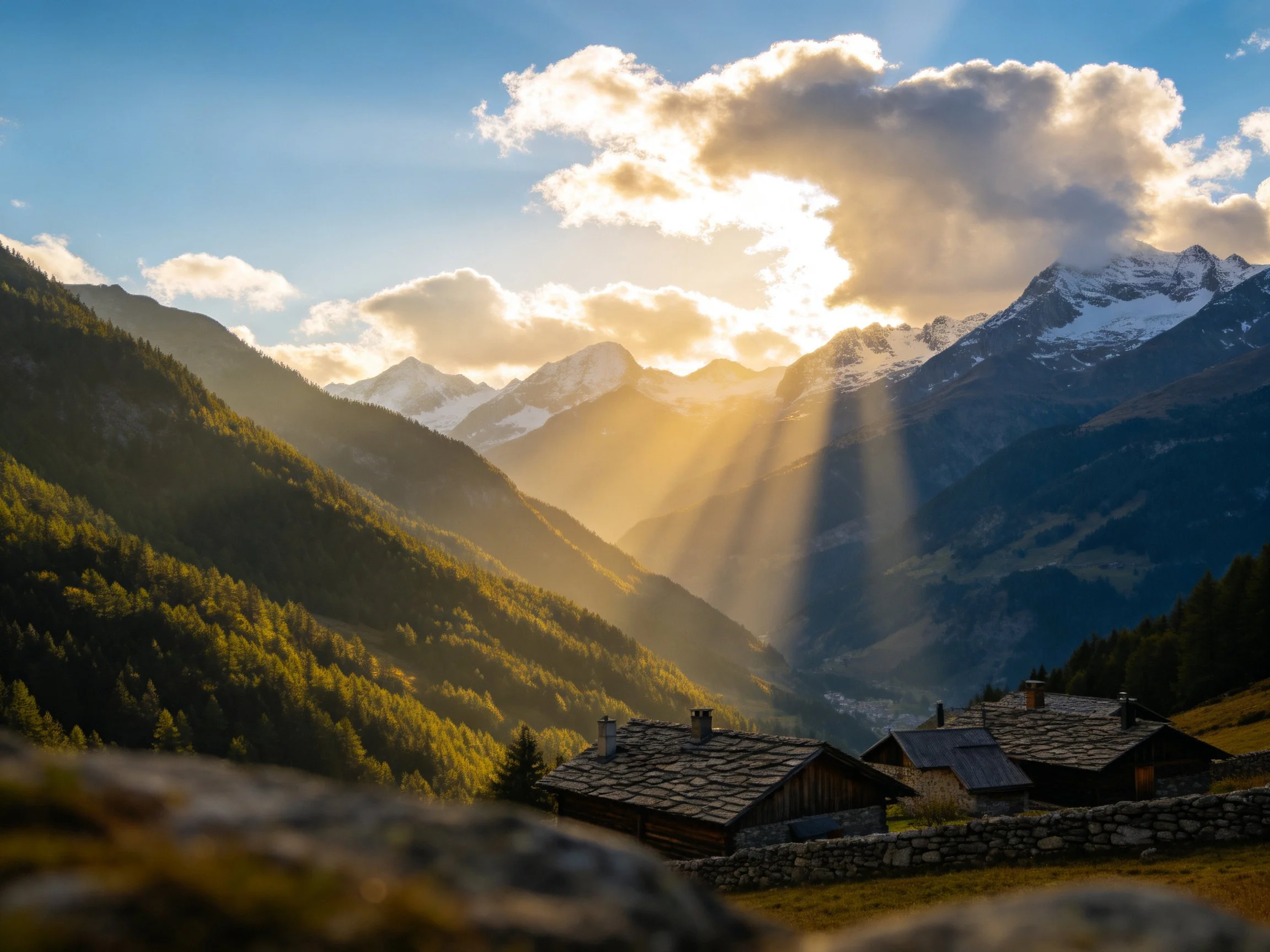Sunlight streams through clouds over mountainous village with wooden cabins