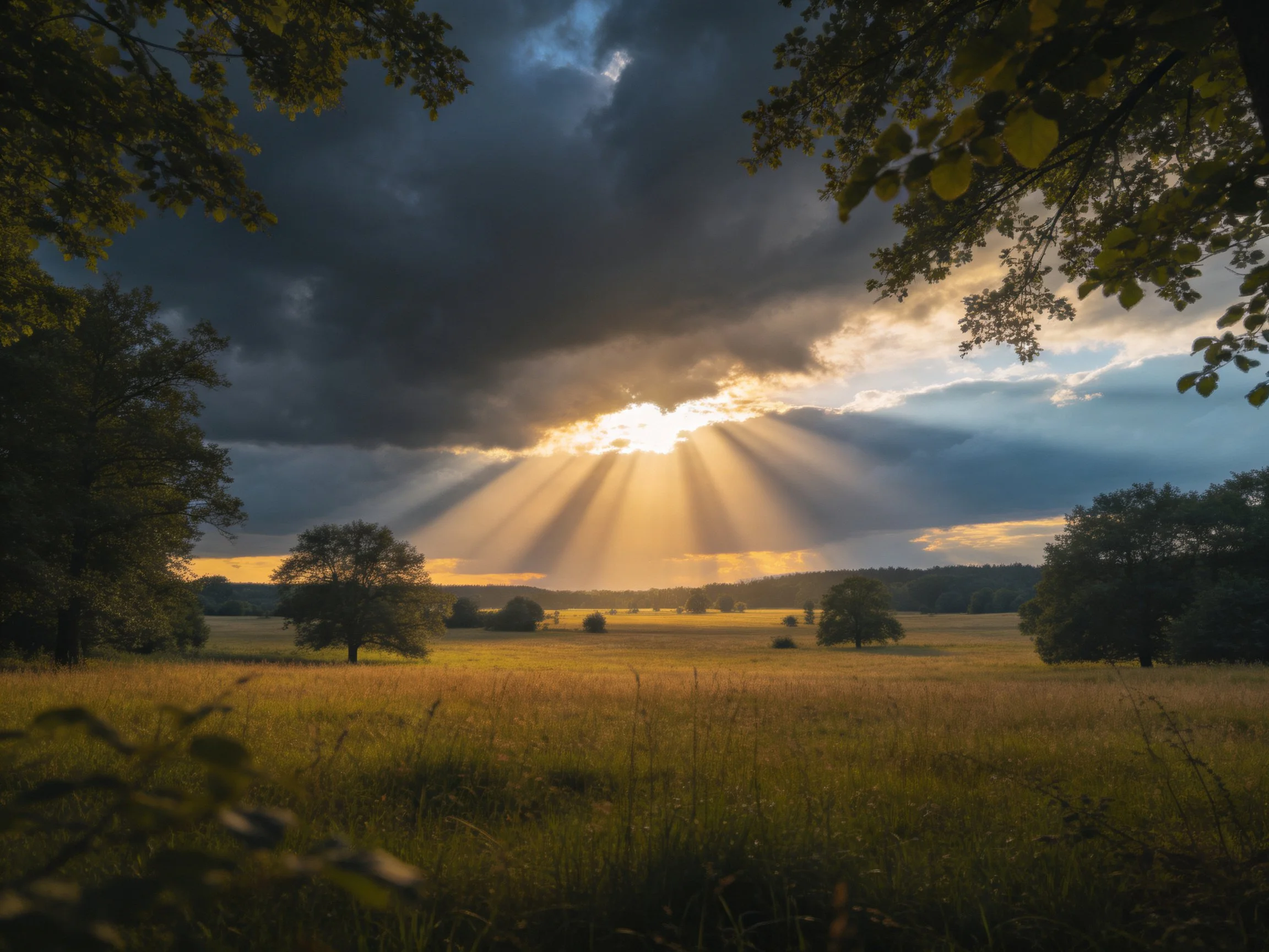Sunlight streams through stormy clouds over a golden meadow