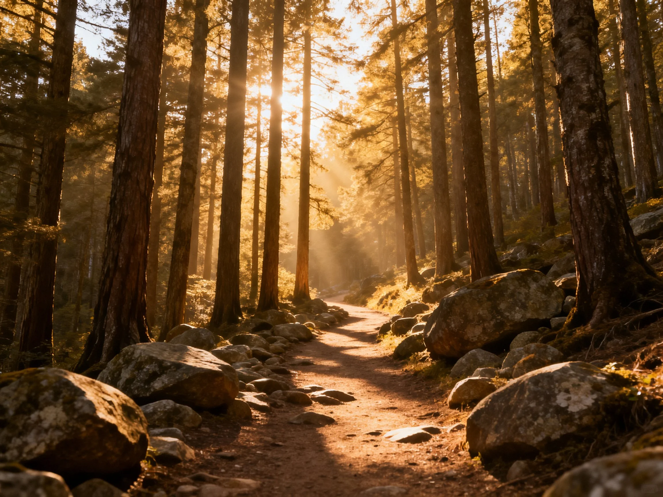 Sunlight streams through tall pine trees along a rocky forest trail