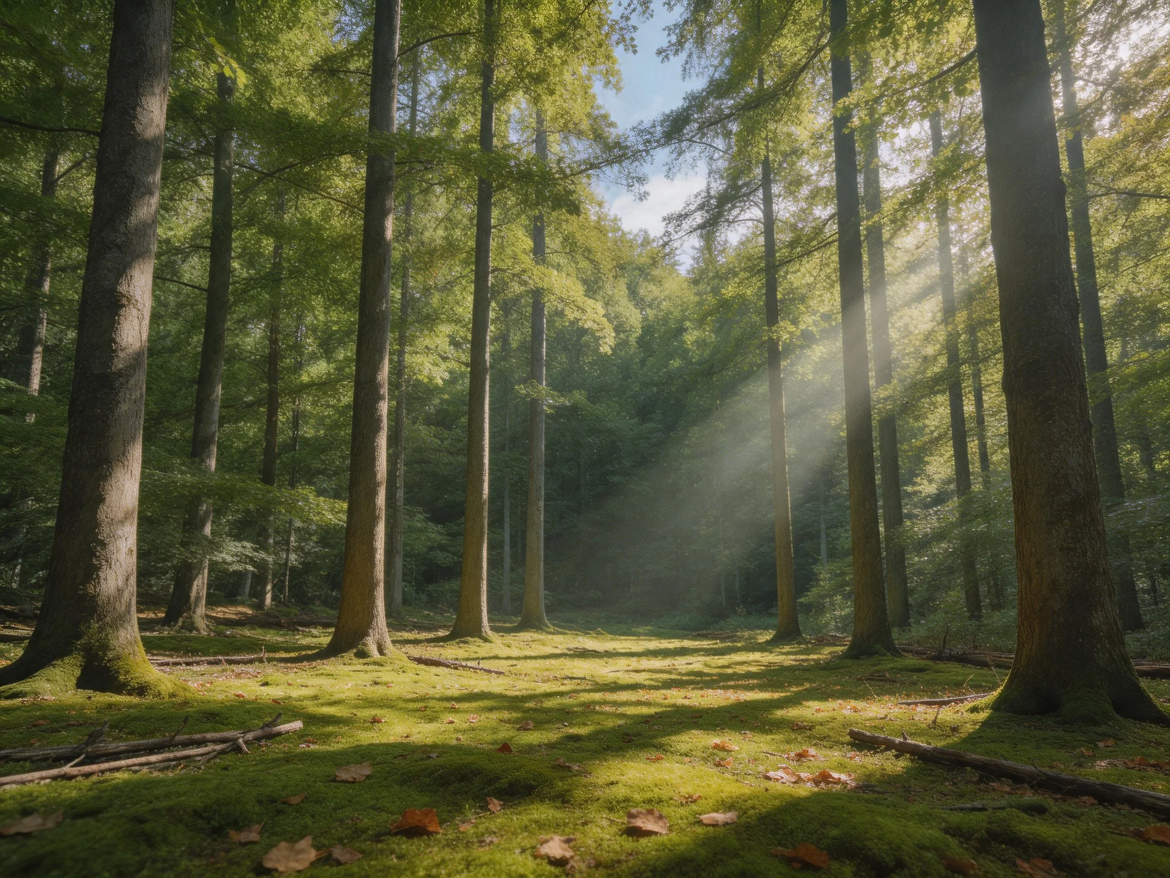 Sunlight streams through tall trees in a lush green forest clearing